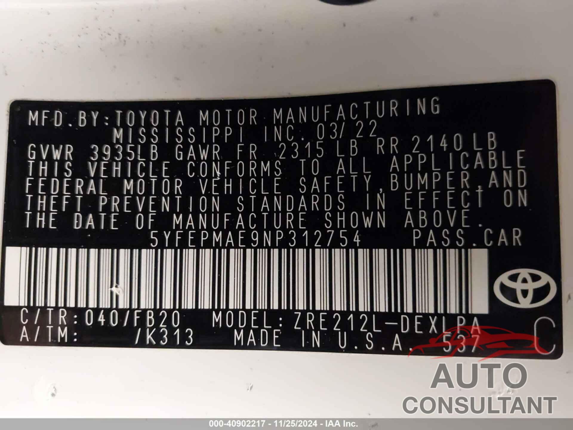 TOYOTA COROLLA 2022 - 5YFEPMAE9NP312754