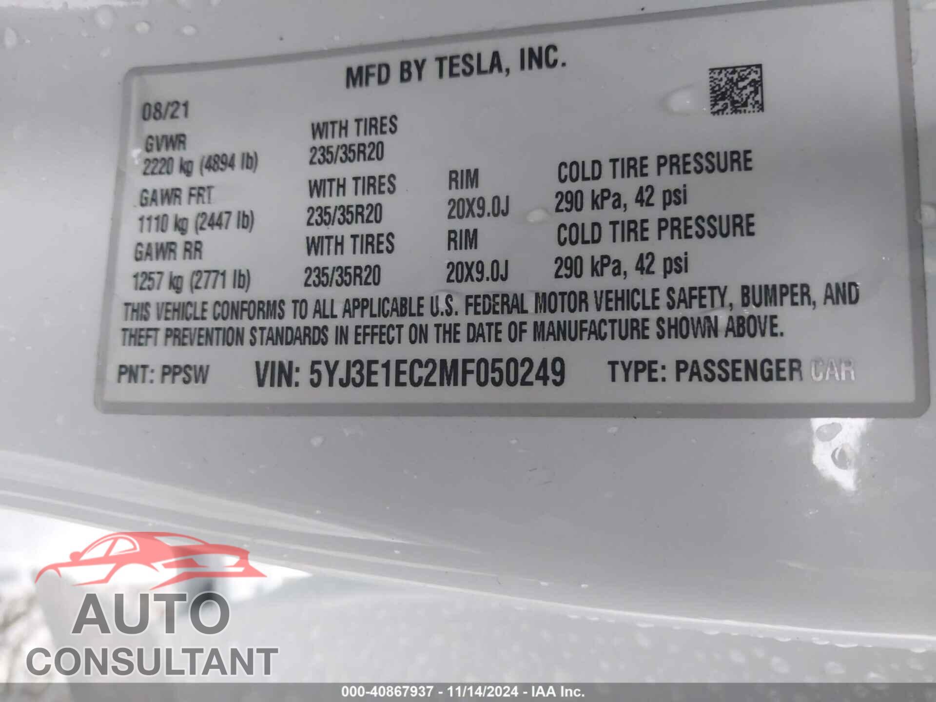TESLA MODEL 3 2021 - 5YJ3E1EC2MF050249