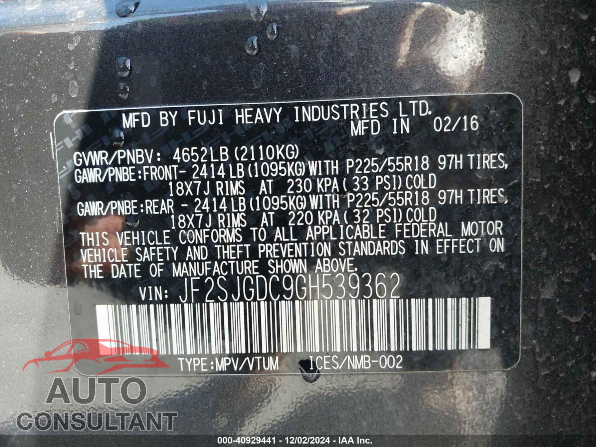 SUBARU FORESTER 2016 - JF2SJGDC9GH539362