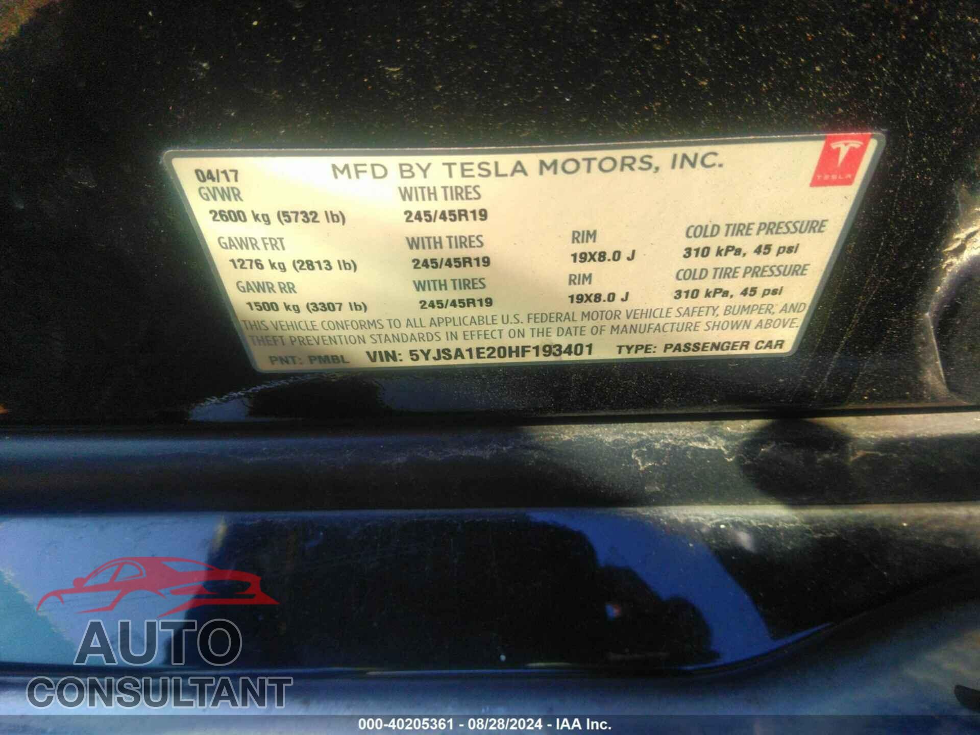 TESLA MODEL S 2017 - 5YJSA1E20HF193401