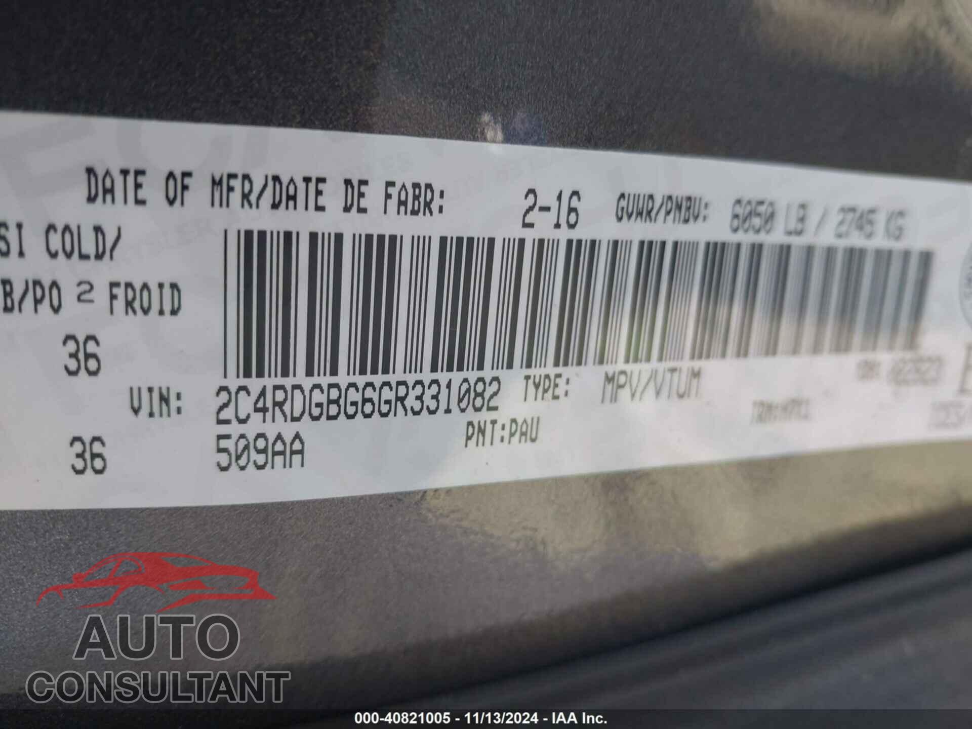 DODGE GRAND CARAVAN 2016 - 2C4RDGBG6GR331082