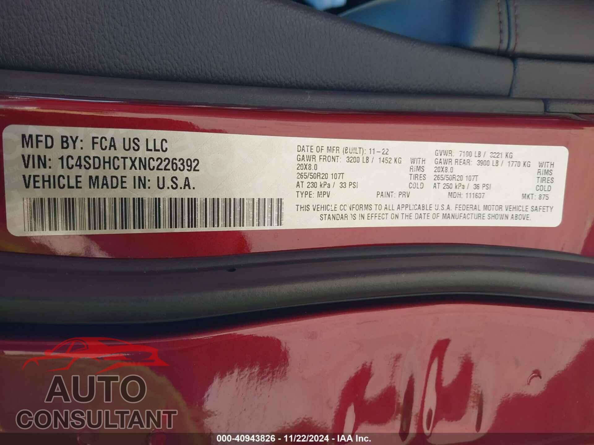 DODGE DURANGO 2022 - 1C4SDHCTXNC226392