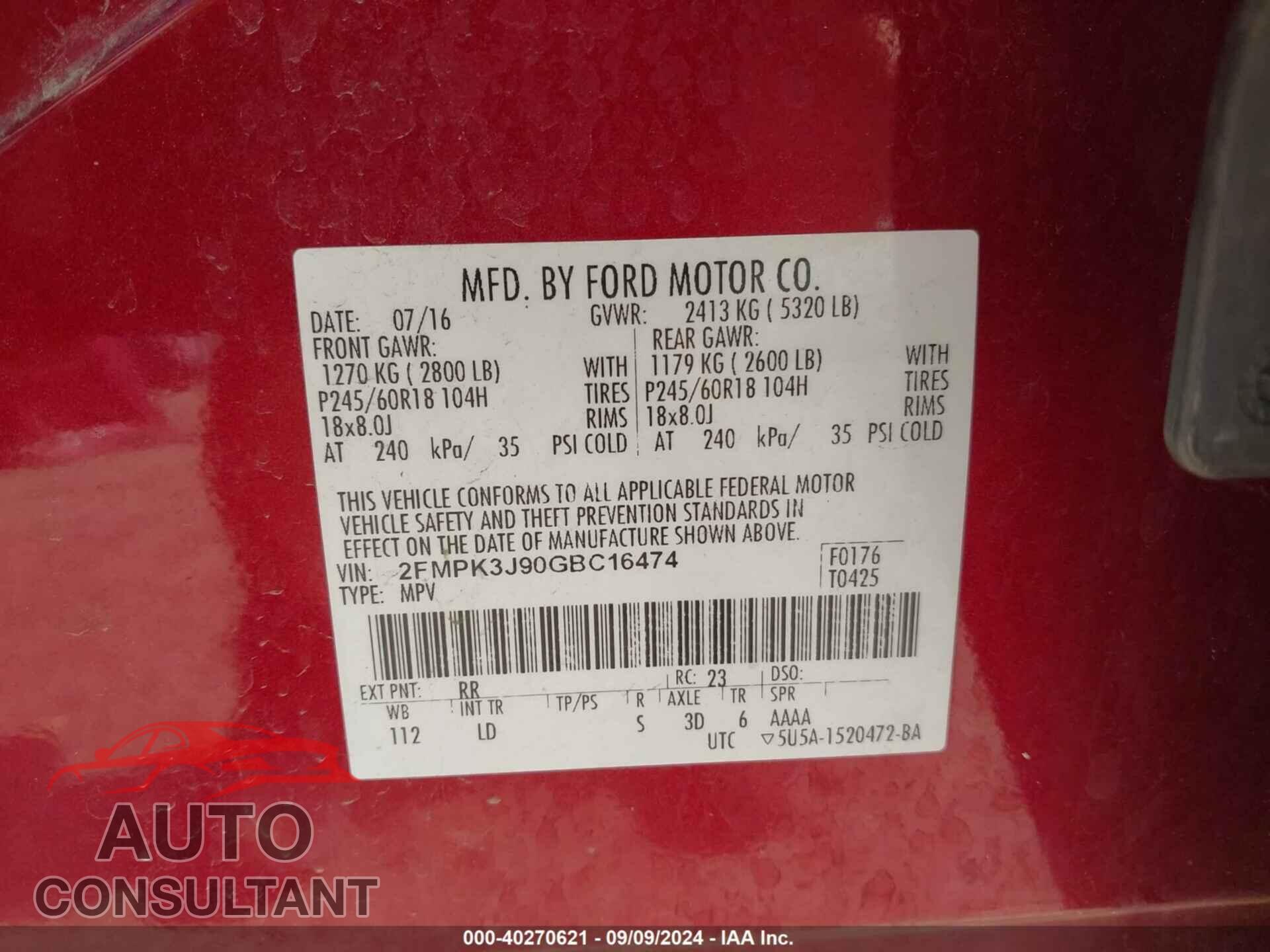 FORD EDGE 2016 - 2FMPK3J90GBC16474