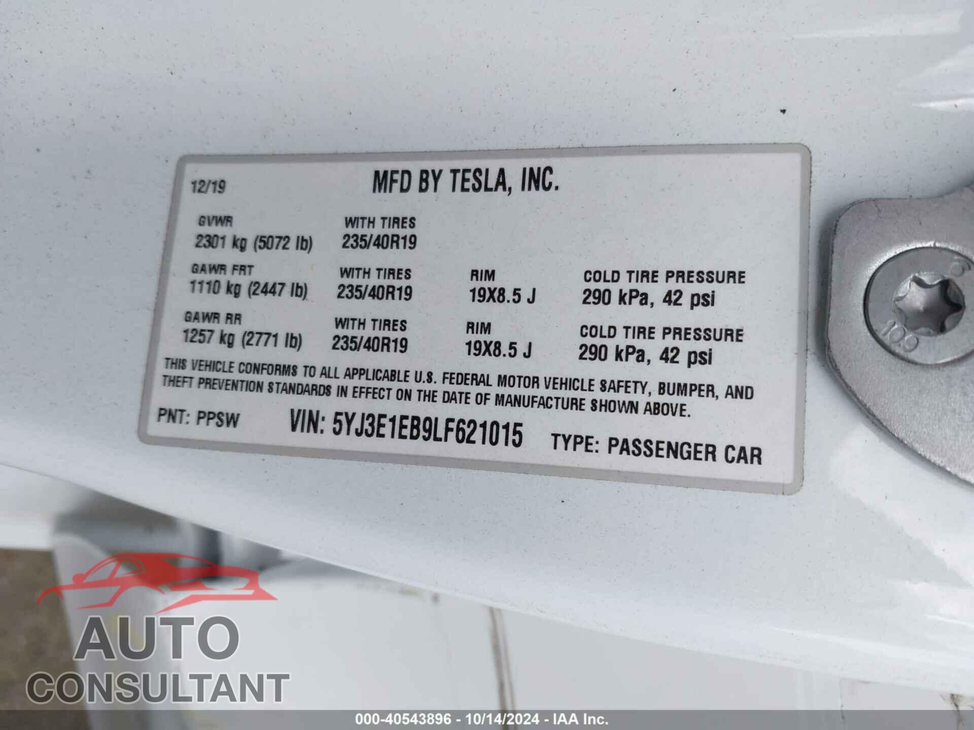 TESLA MODEL 3 2020 - 5YJ3E1EB9LF621015