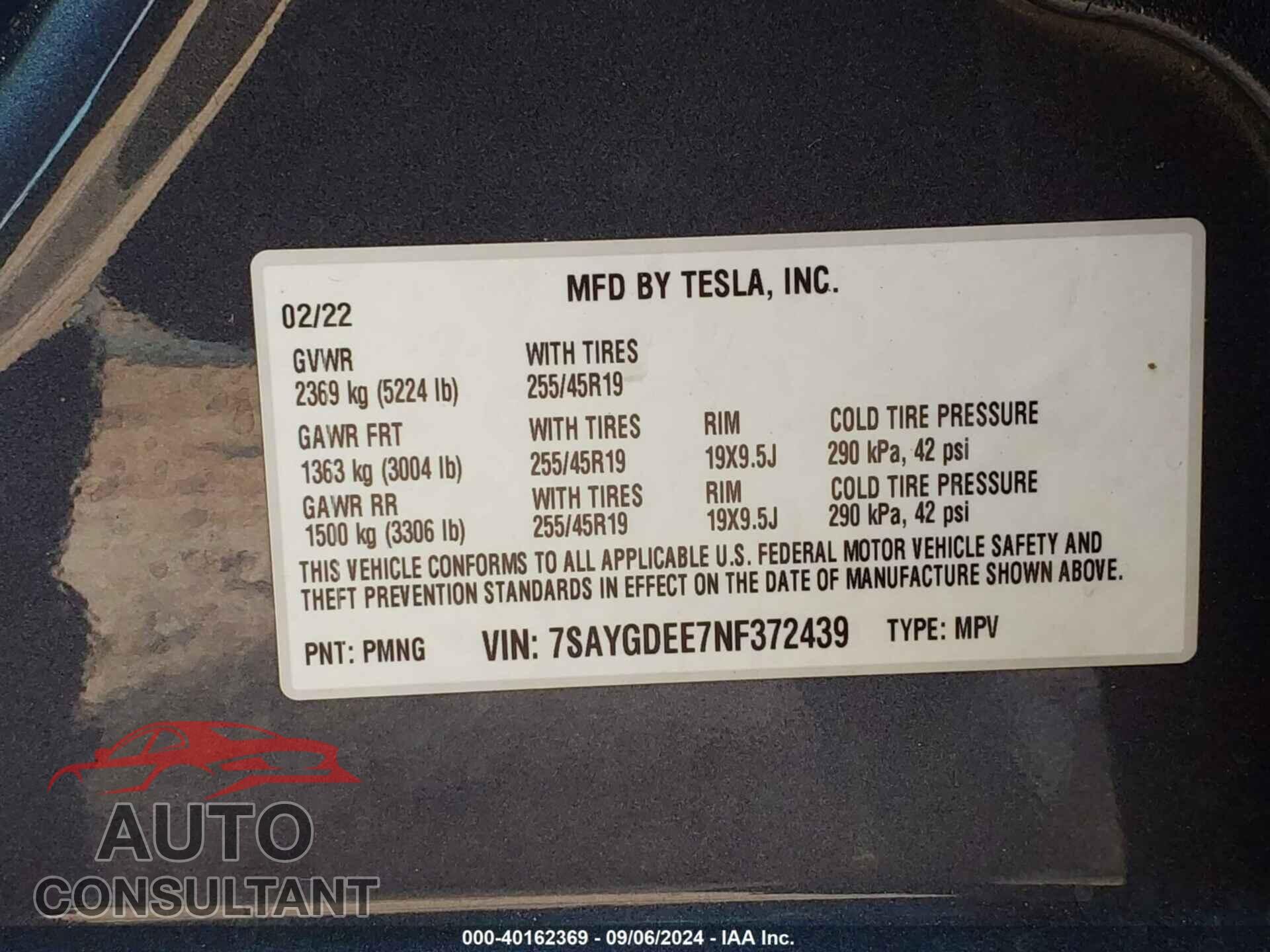 TESLA MODEL Y 2022 - 7SAYGDEE7NF372439