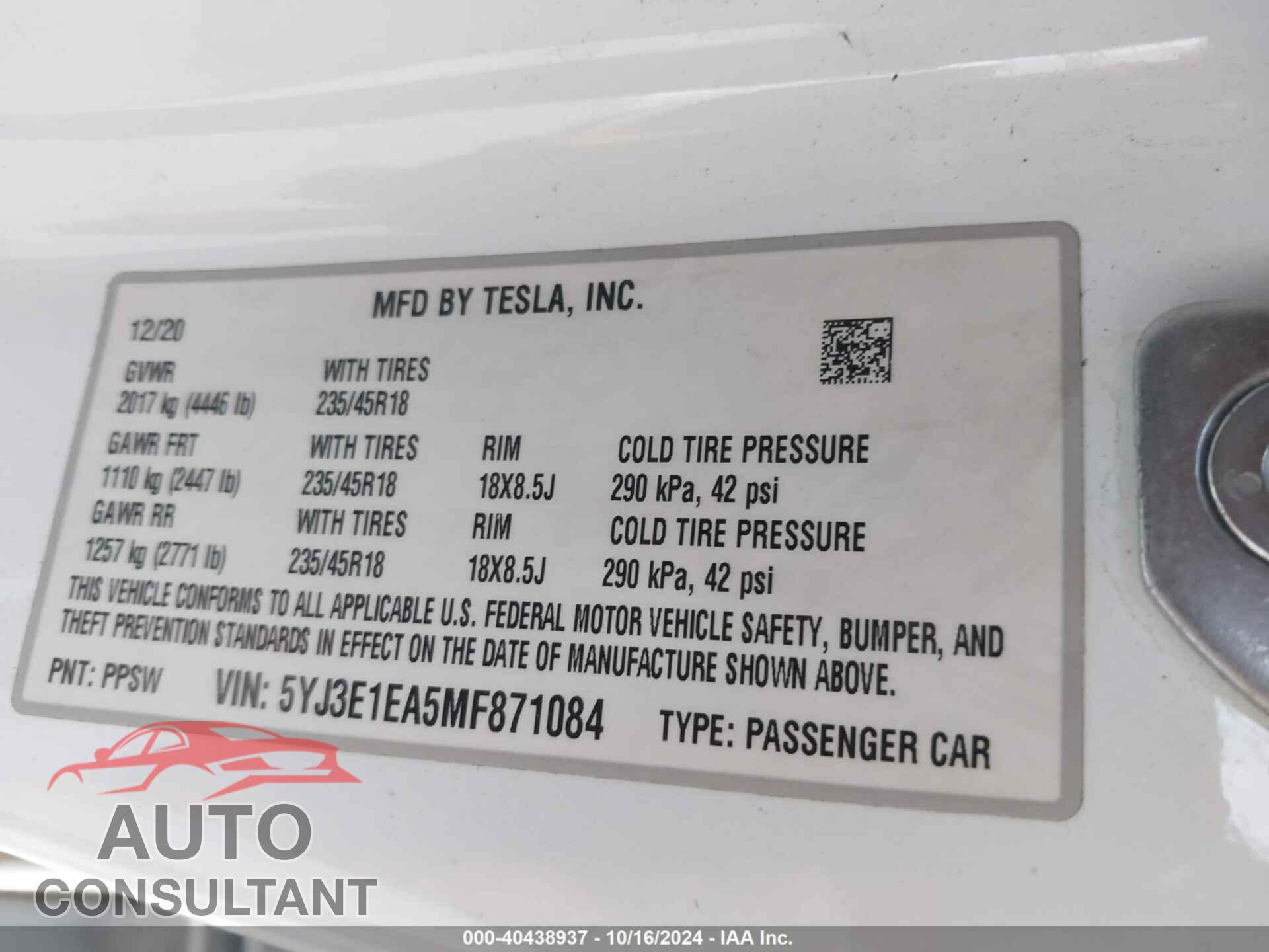 TESLA MODEL 3 2021 - 5YJ3E1EA5MF871084