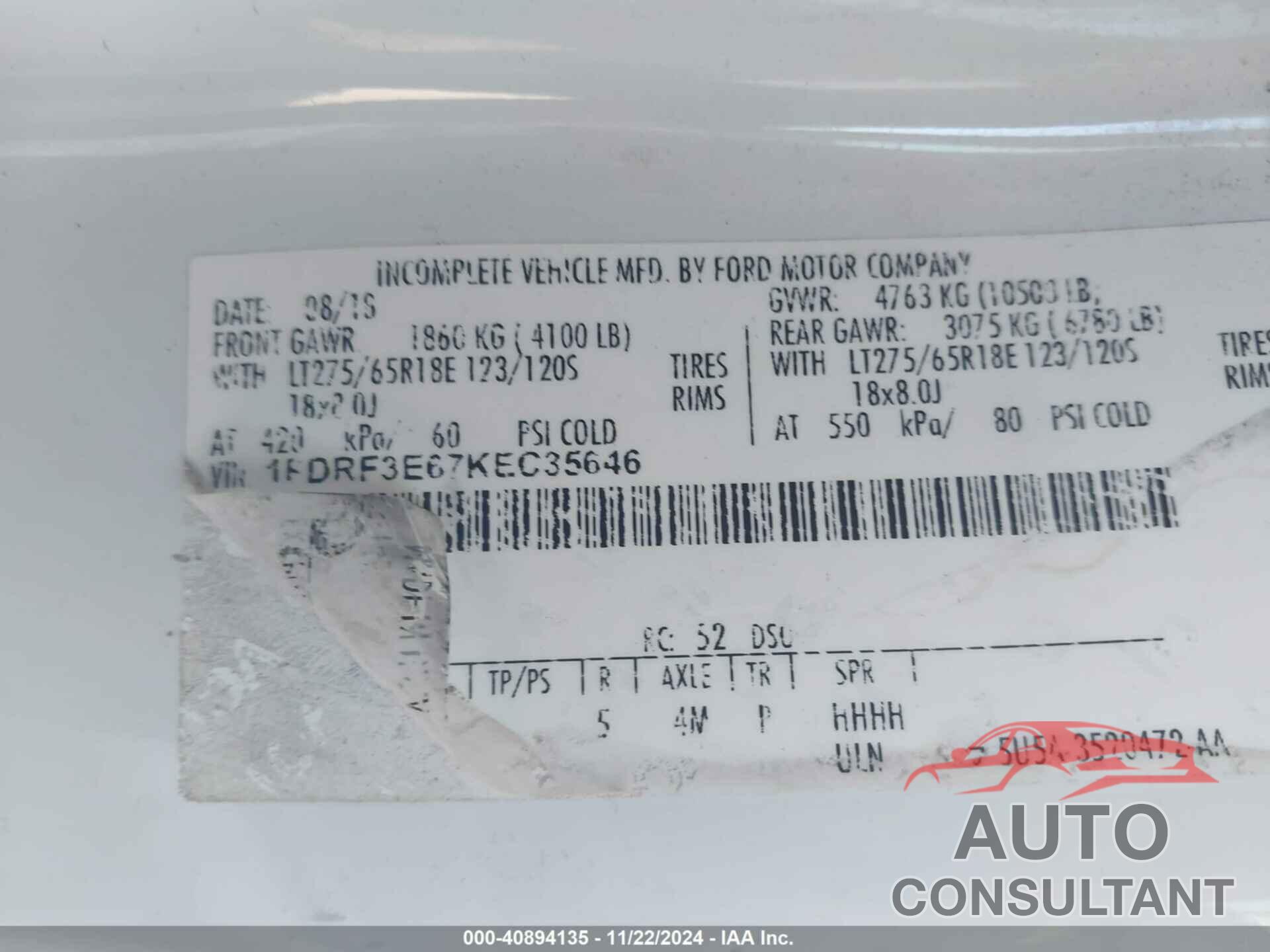 FORD F-350 CHASSIS 2019 - 1FDRF3E67KEC35646