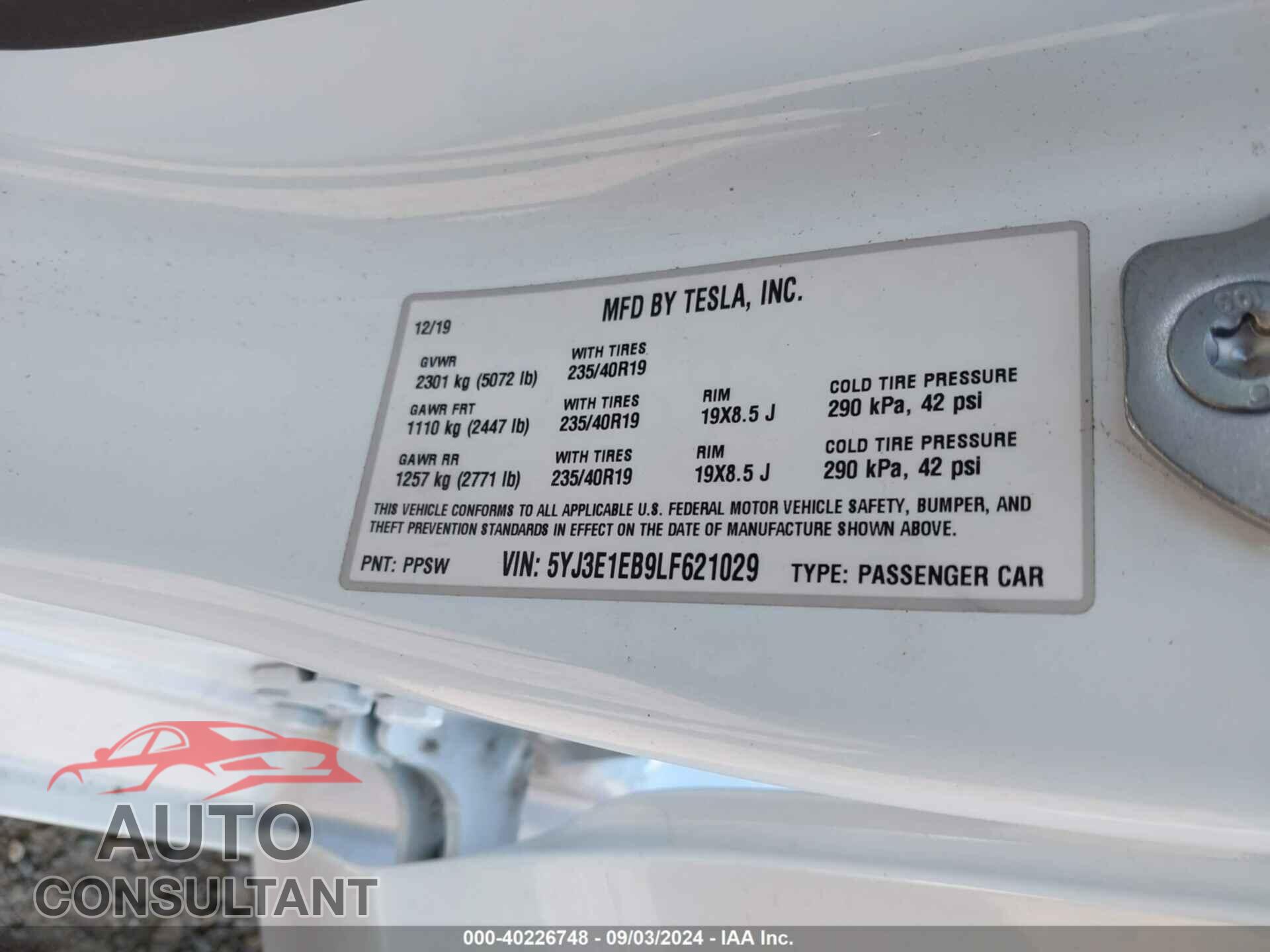 TESLA MODEL 3 2020 - 5YJ3E1EB9LF621029