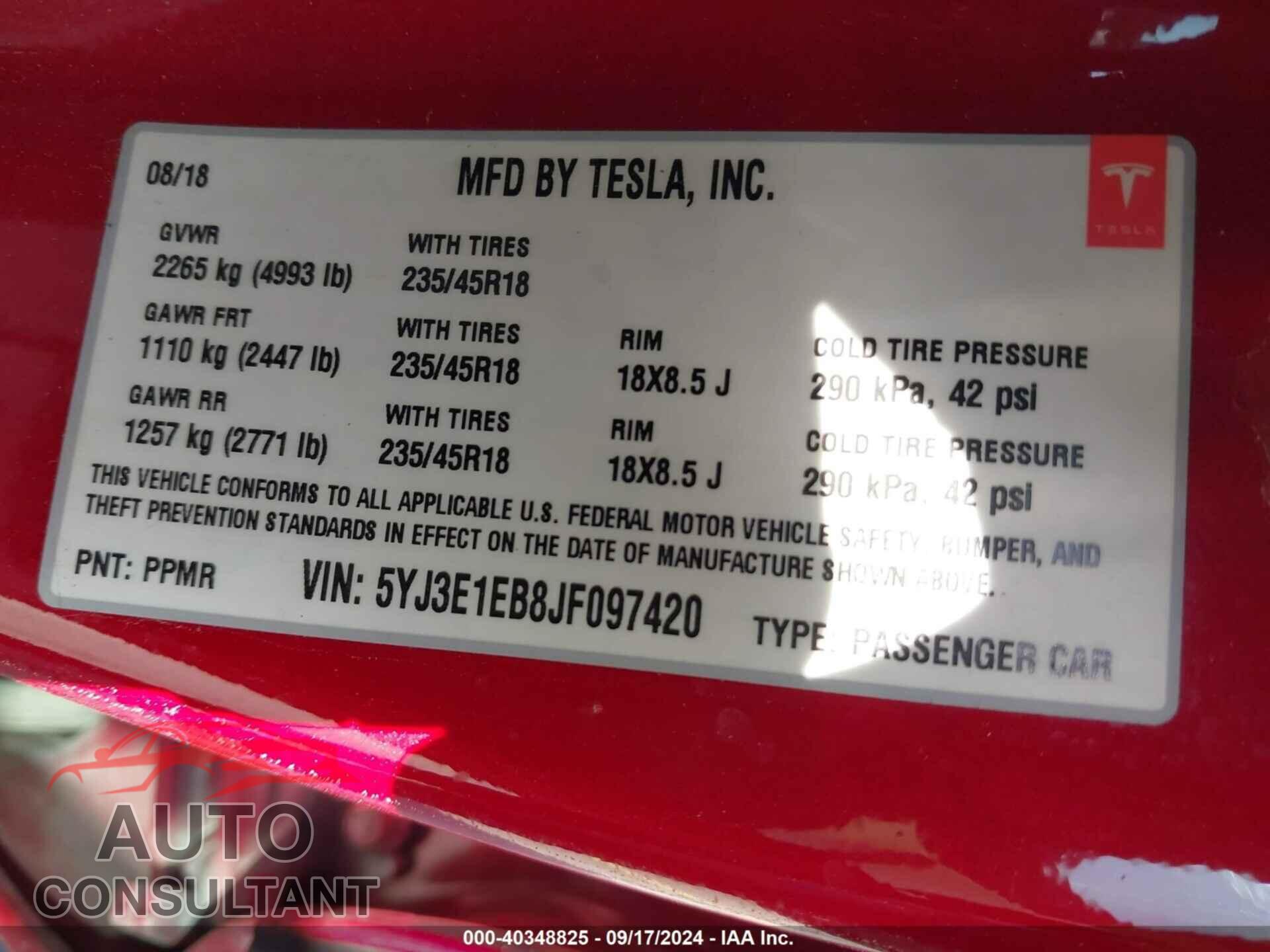 TESLA MODEL 3 2018 - 5YJ3E1EB8JF097420