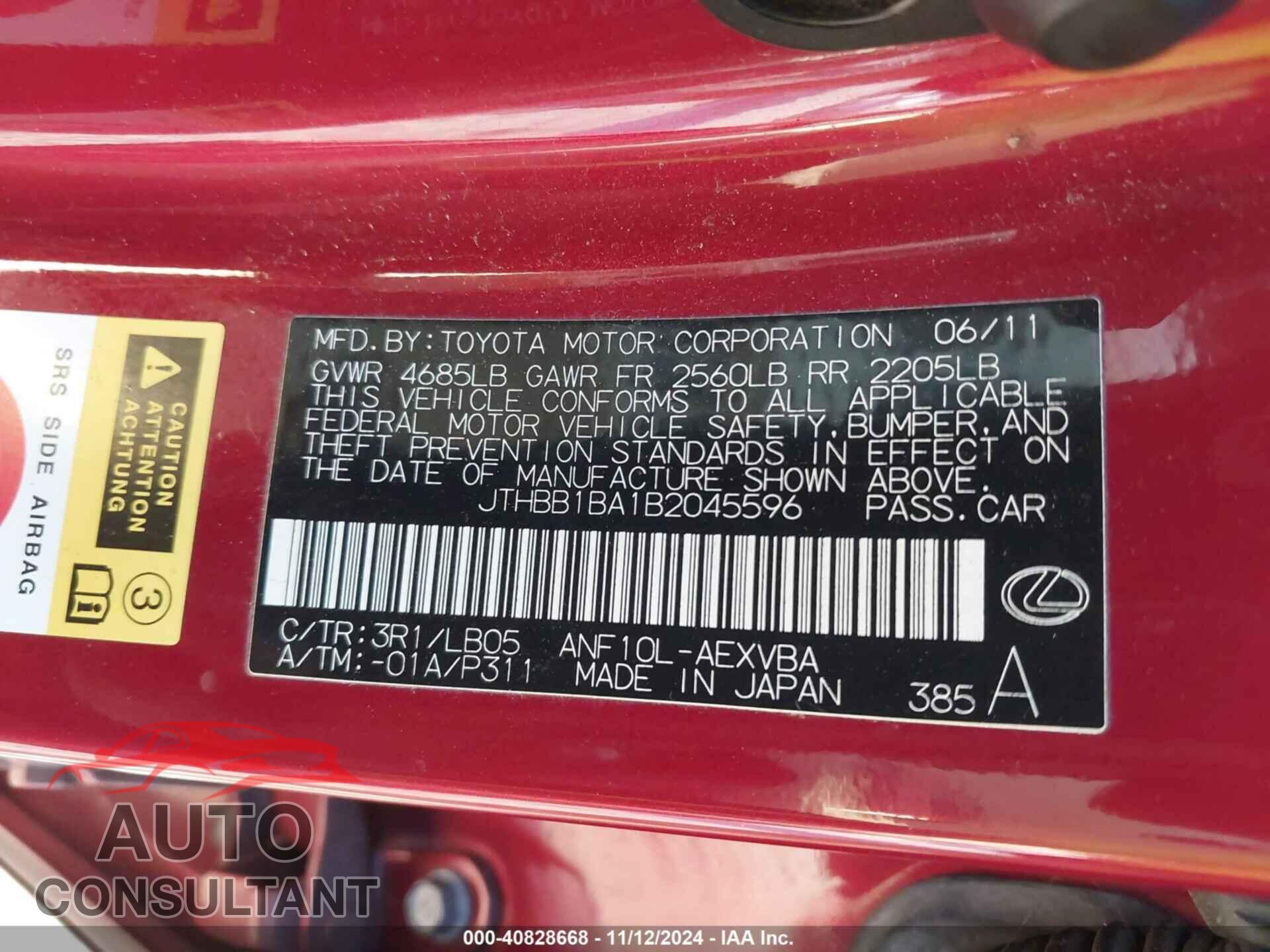 LEXUS HS 250H 2011 - JTHBB1BA1B2045596
