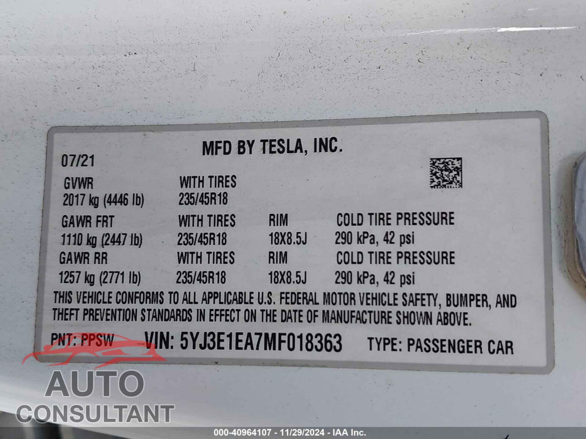 TESLA MODEL 3 2021 - 5YJ3E1EA7MF018363