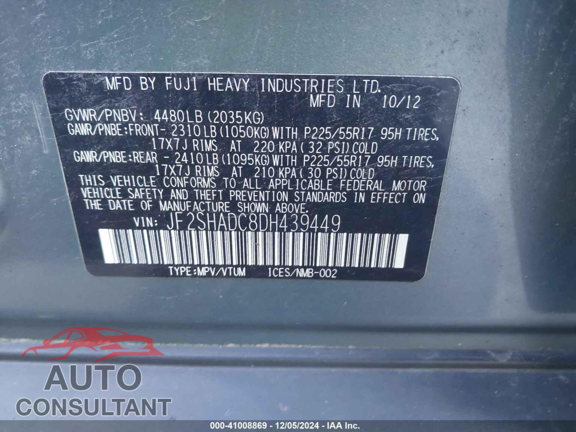 SUBARU FORESTER 2013 - JF2SHADC8DH439449