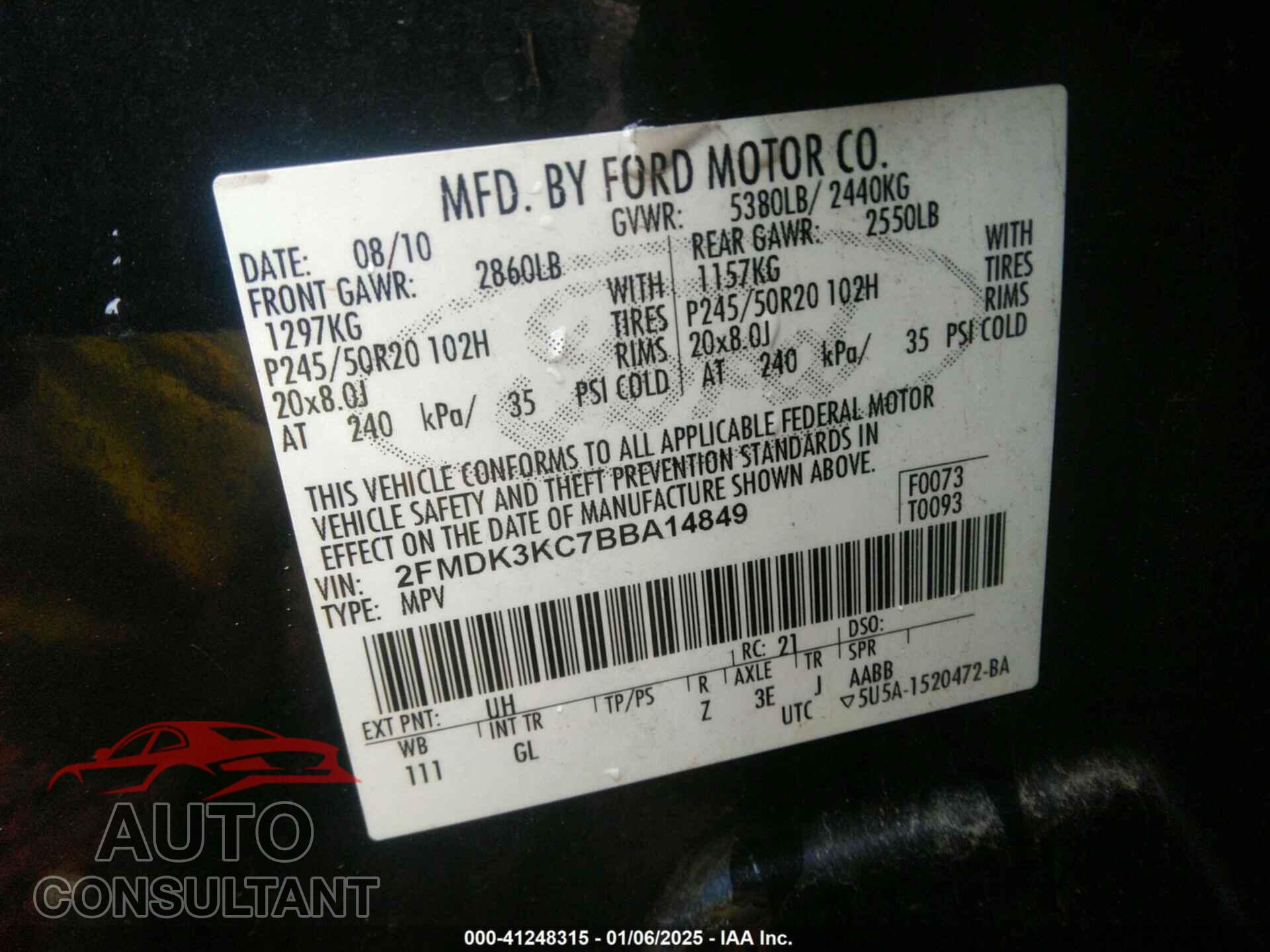FORD EDGE 2011 - 2FMDK3KC7BBA14849