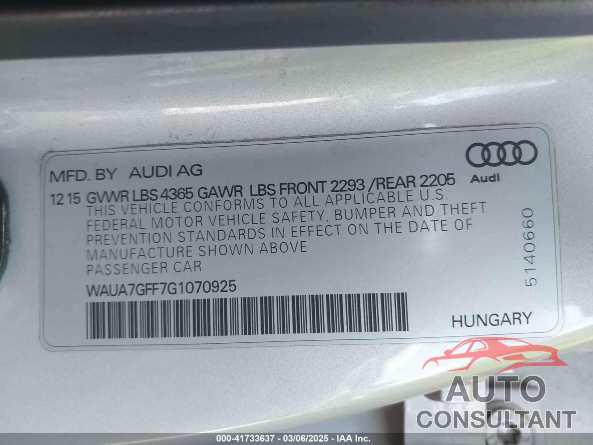 AUDI A3 2016 - WAUA7GFF7G1070925