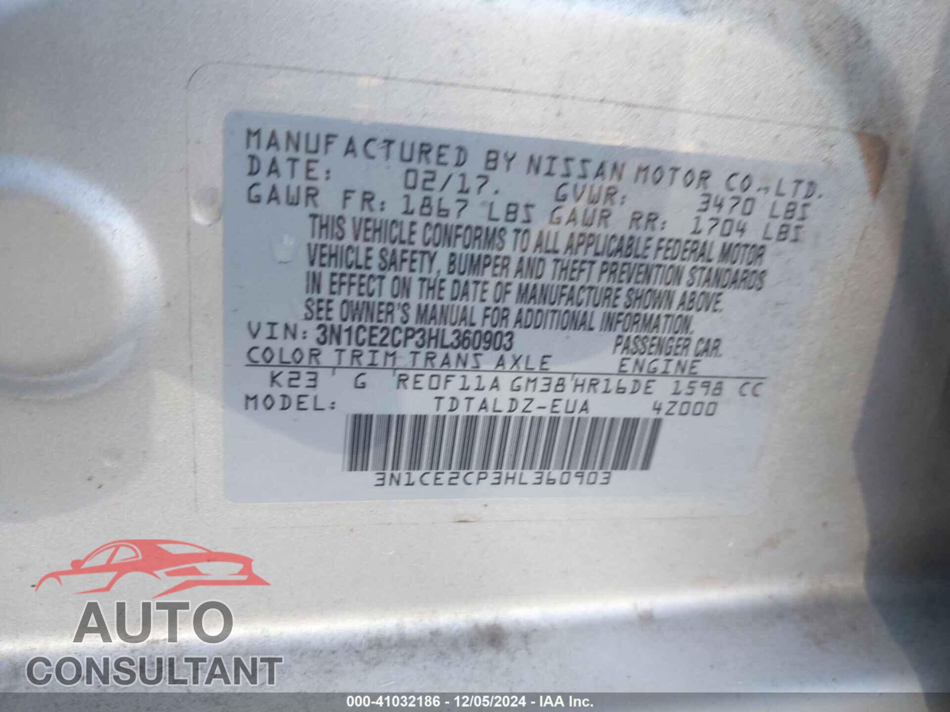 NISSAN VERSA NOTE 2017 - 3N1CE2CP3HL360903