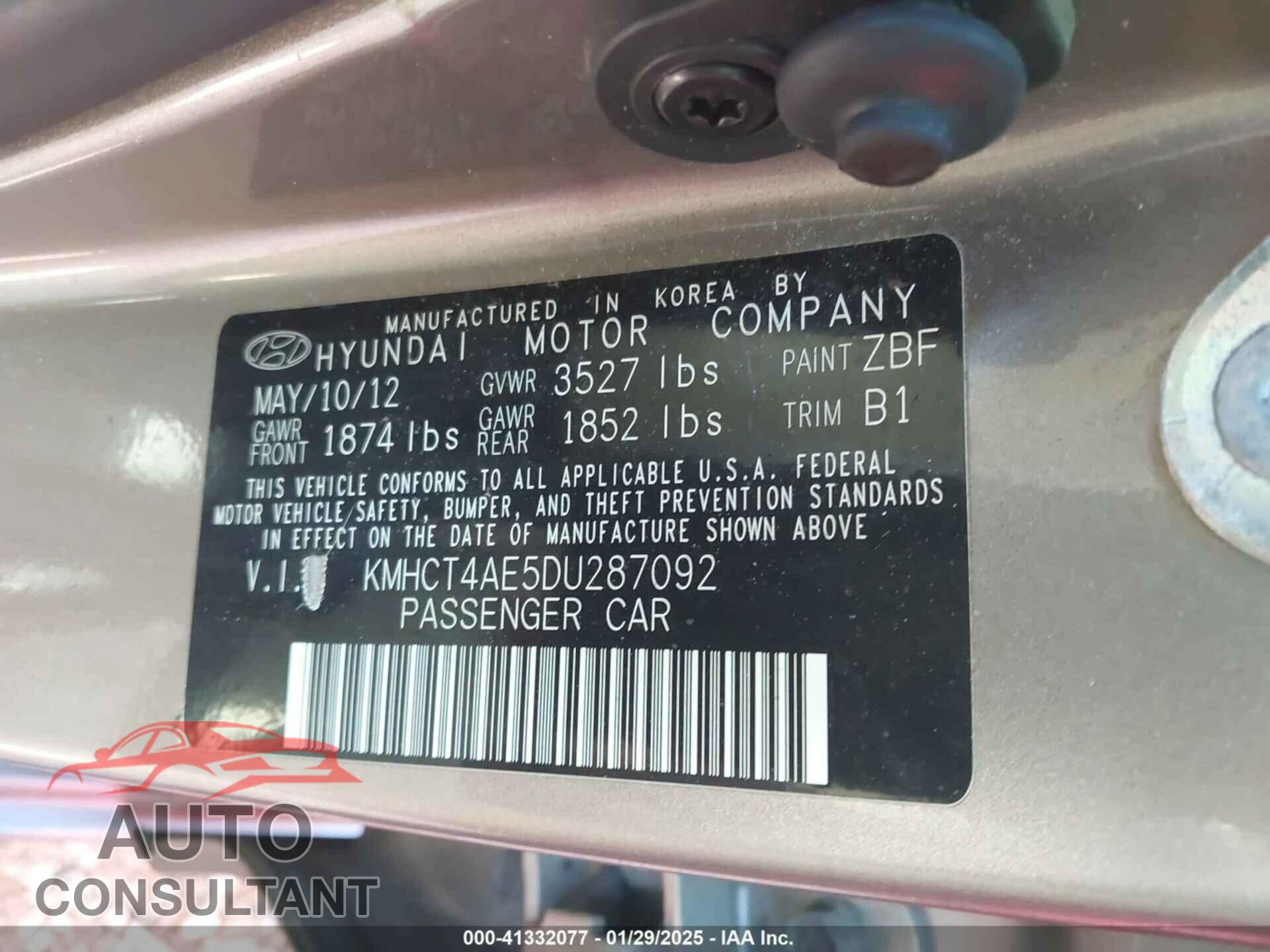 HYUNDAI ACCENT 2013 - KMHCT4AE5DU287092