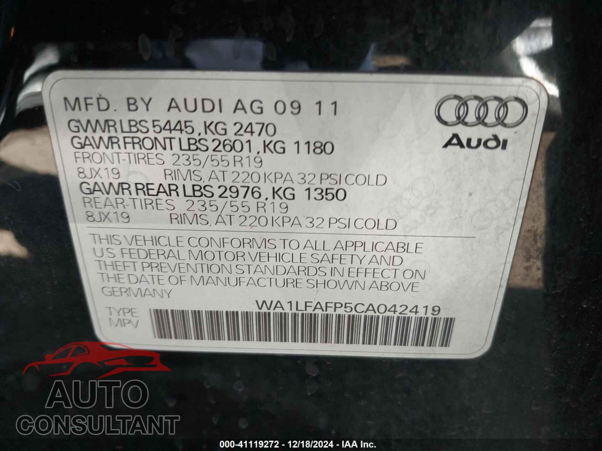AUDI Q5 2012 - WA1LFAFP5CA042419