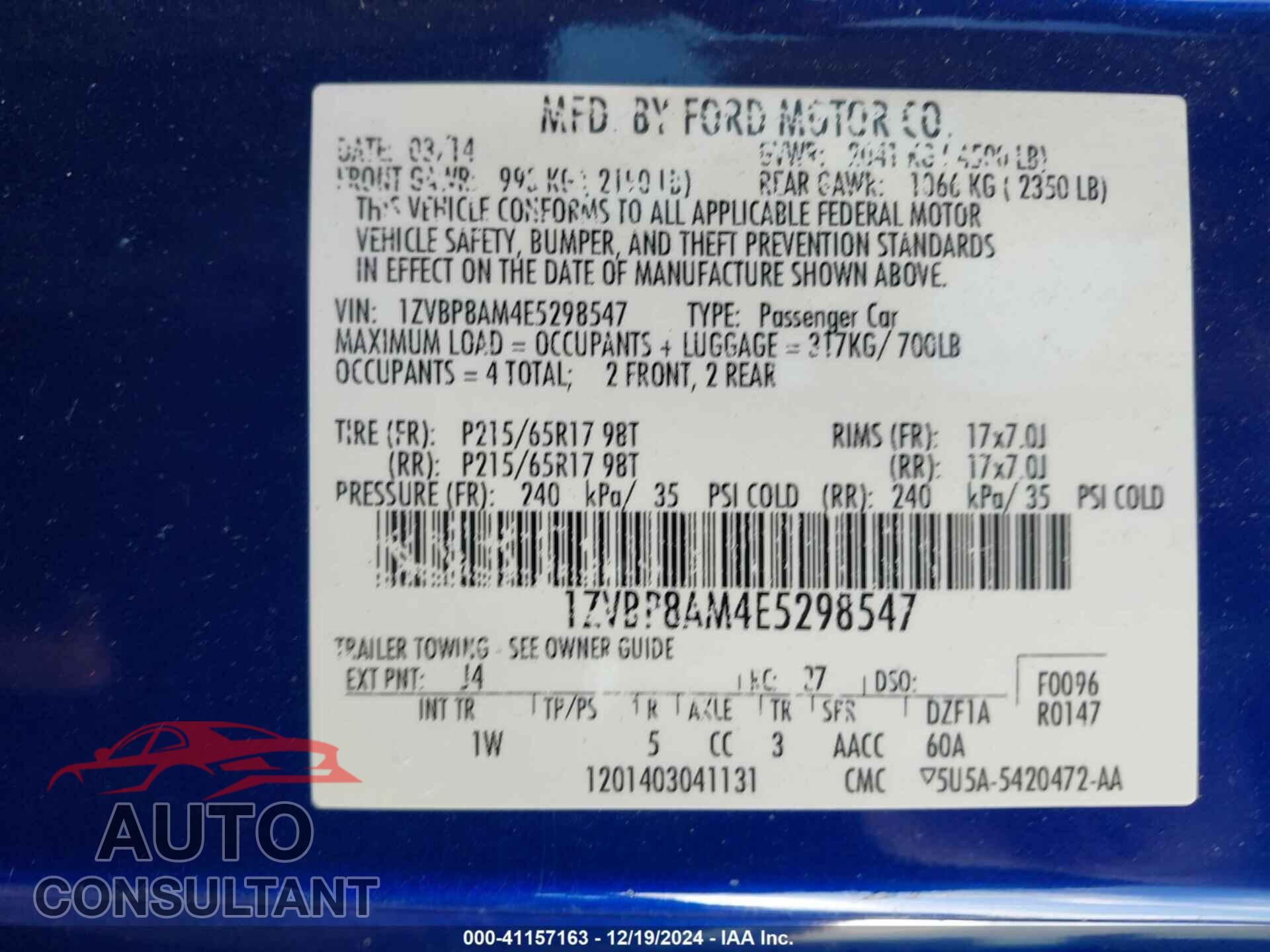 FORD MUSTANG 2014 - 1ZVBP8AM4E5298547