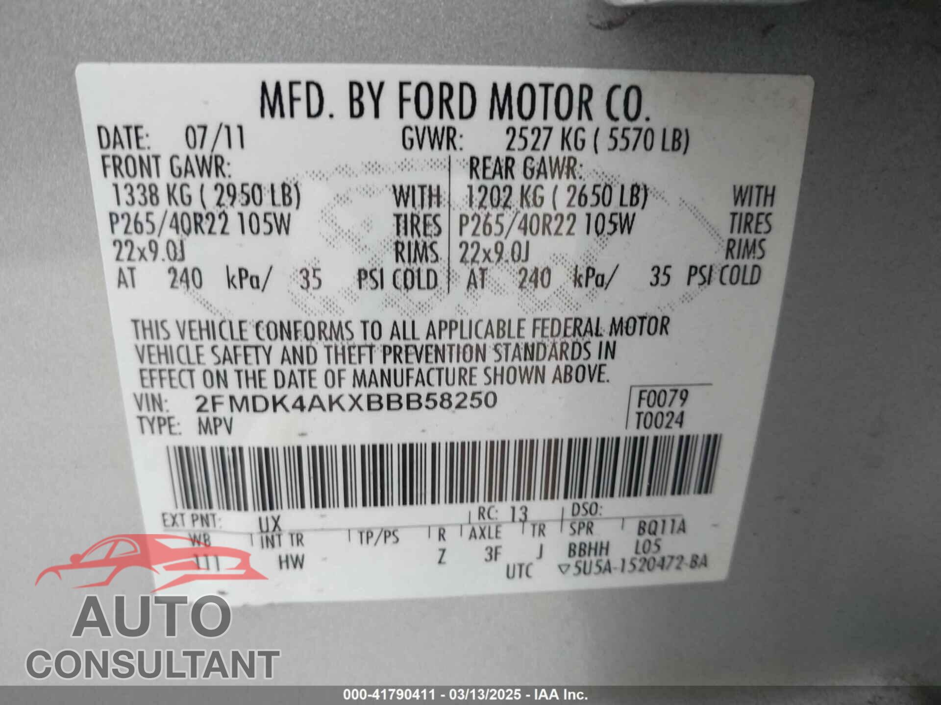 FORD EDGE 2011 - 2FMDK4AKXBBB58250