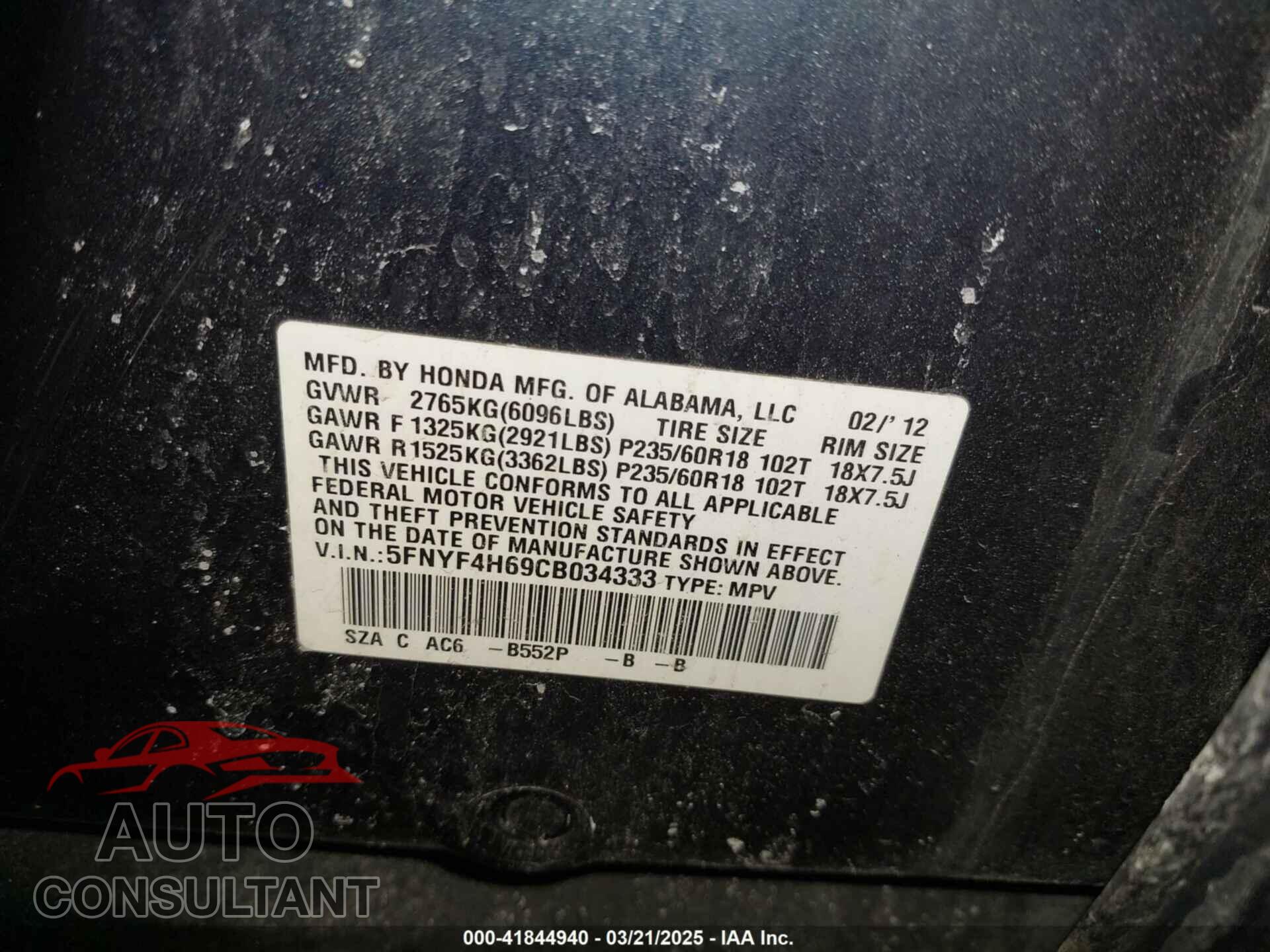 HONDA PILOT 2012 - 5FNYF4H69CB034333