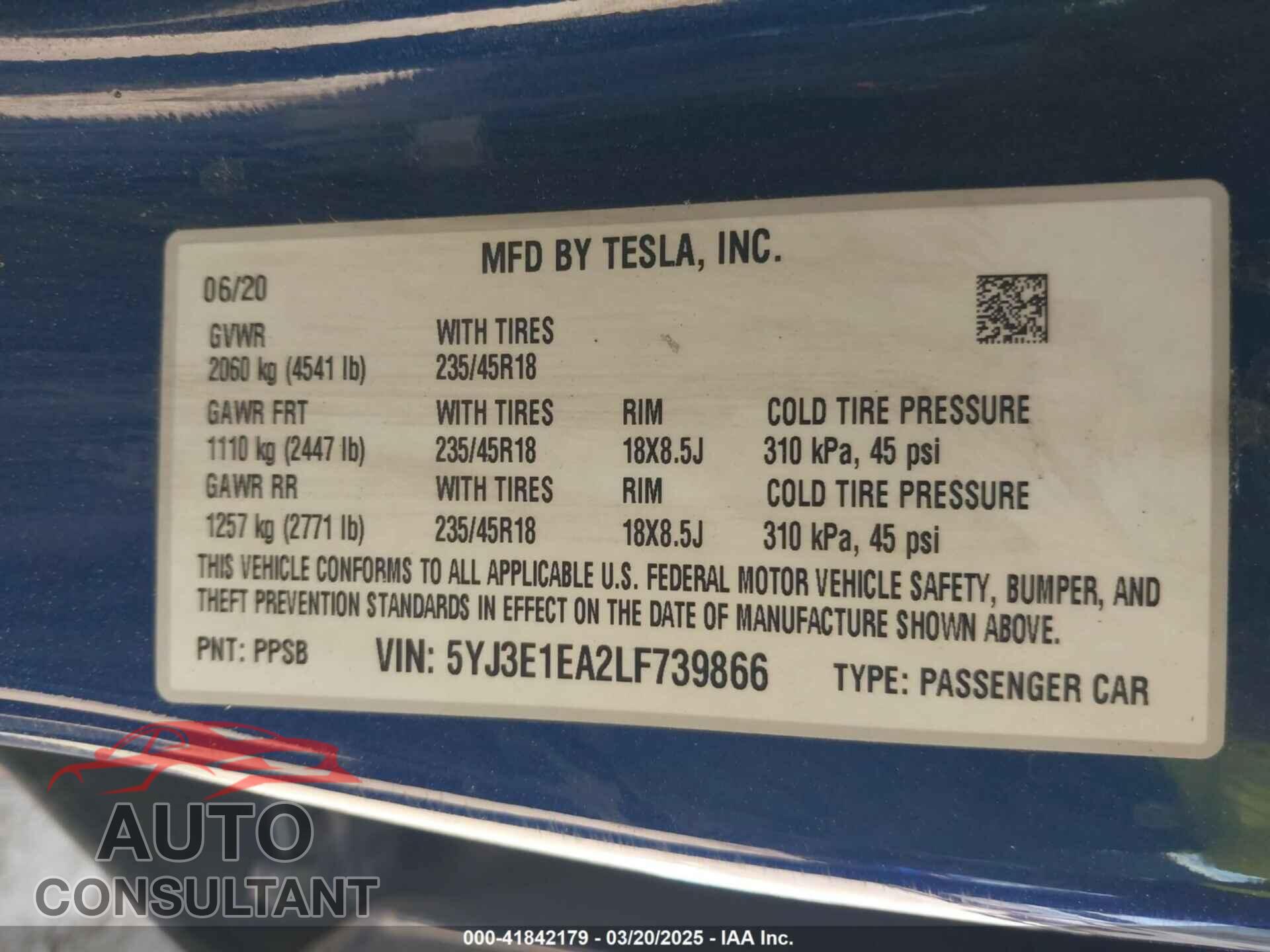 TESLA MODEL 3 2020 - 5YJ3E1EA2LF739866