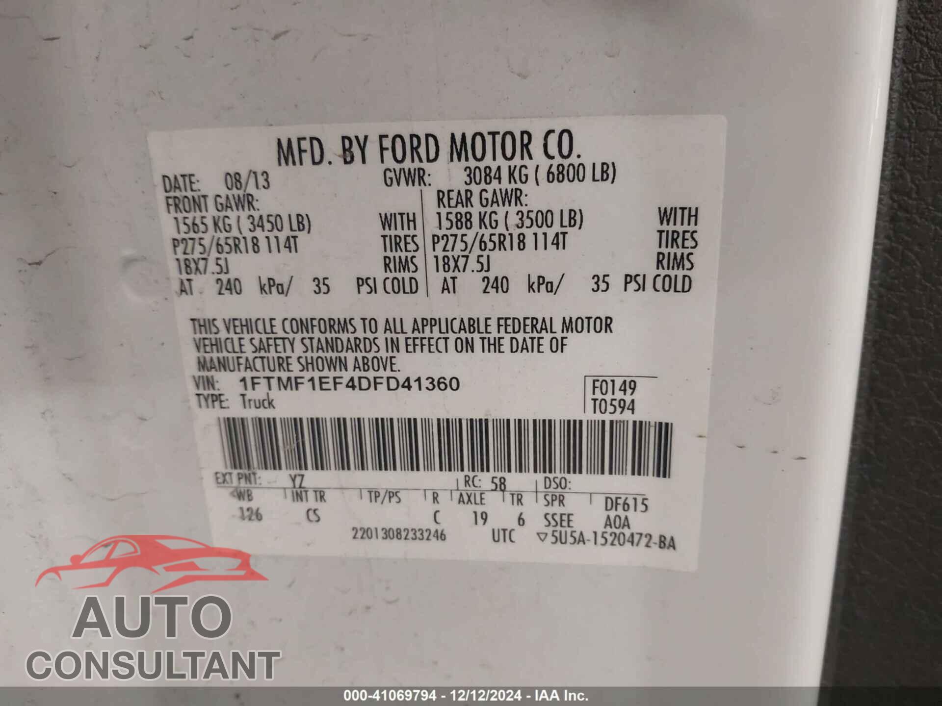 FORD F-150 2013 - 1FTMF1EF4DFD41360