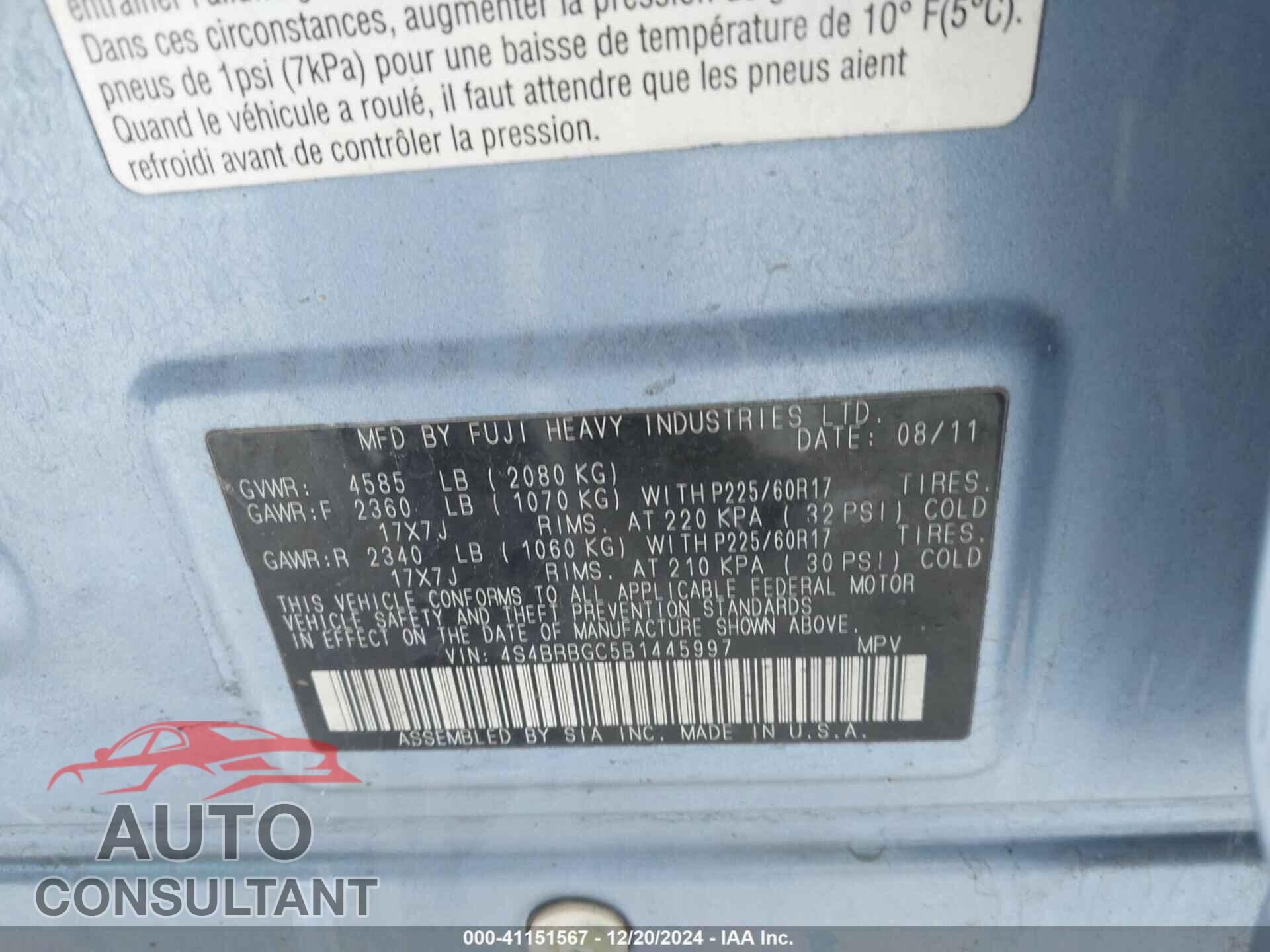 SUBARU OUTBACK 2011 - 4S4BRBGC5B1445997