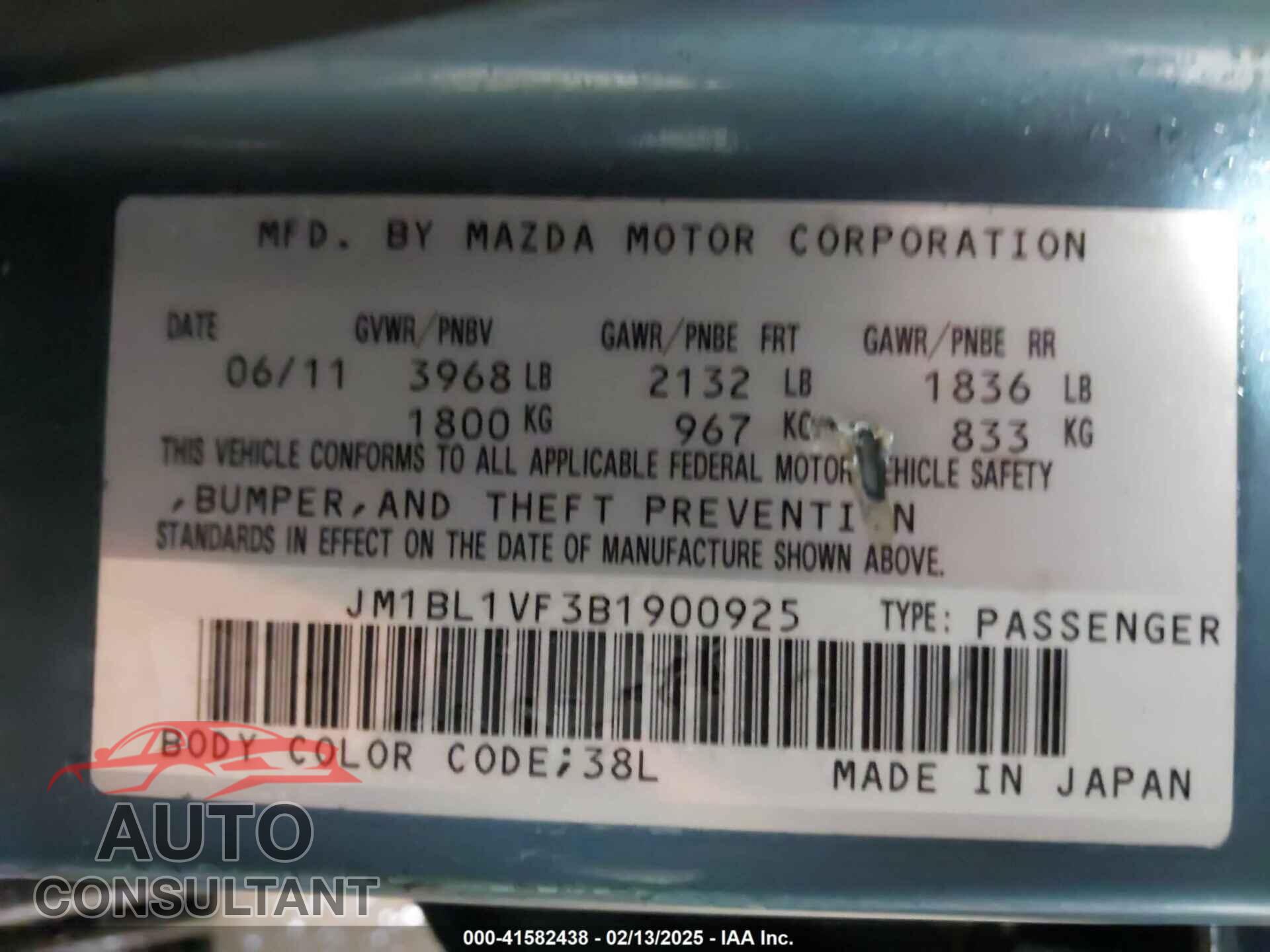 MAZDA MAZDA3 2011 - JM1BL1VF3B1900925