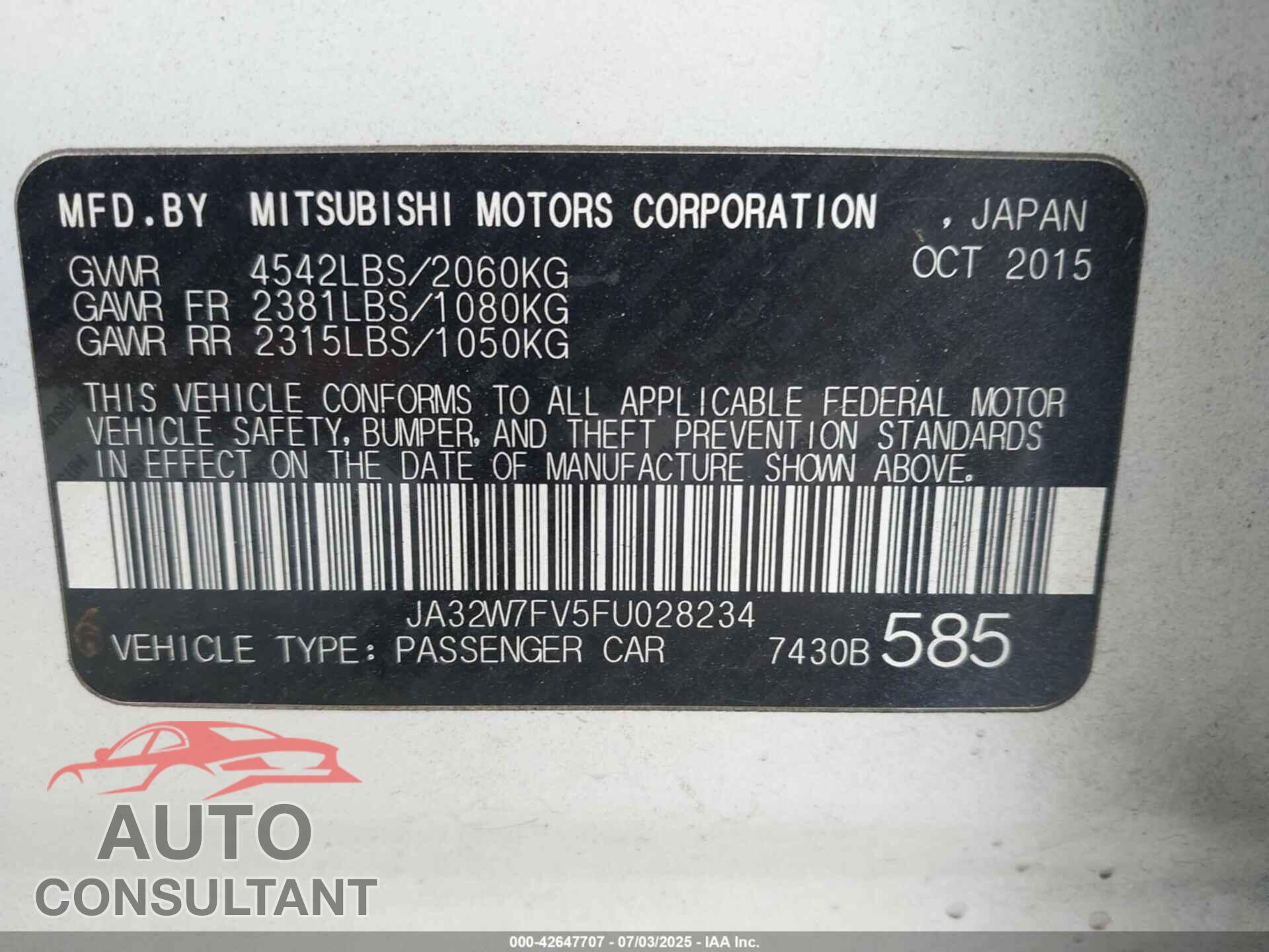 MITSUBISHI LANCER EVOLUTION 2015 - JA32W7FV5FU028234