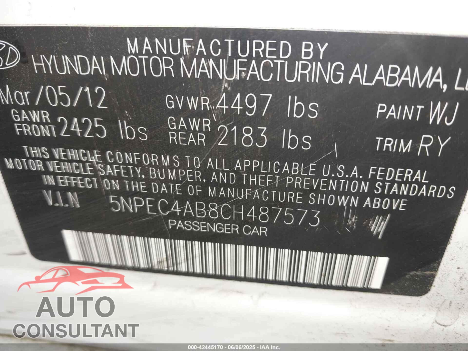 HYUNDAI SONATA 2012 - 5NPEC4AB8CH487573