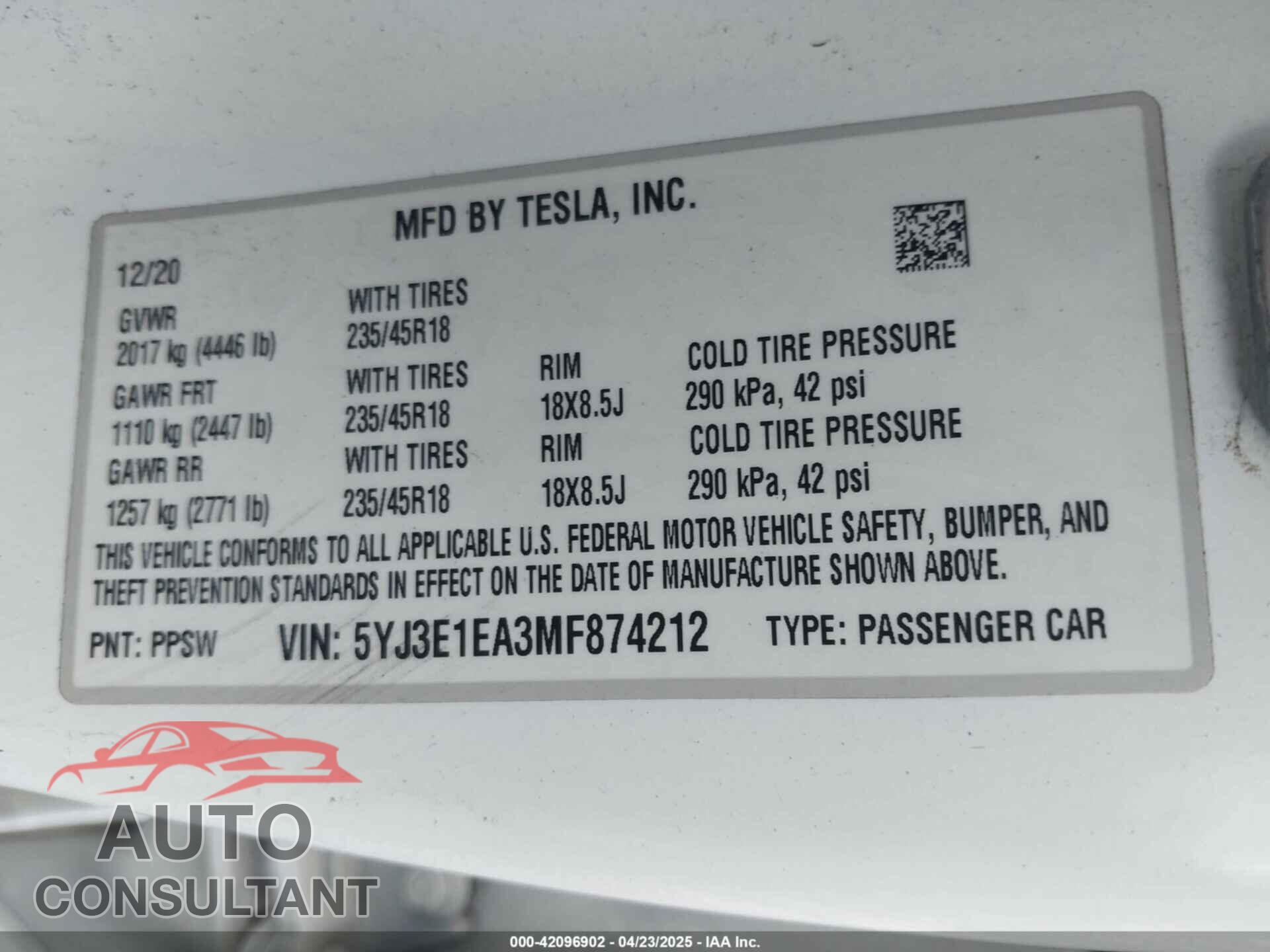 TESLA MODEL 3 2021 - 5YJ3E1EA3MF874212
