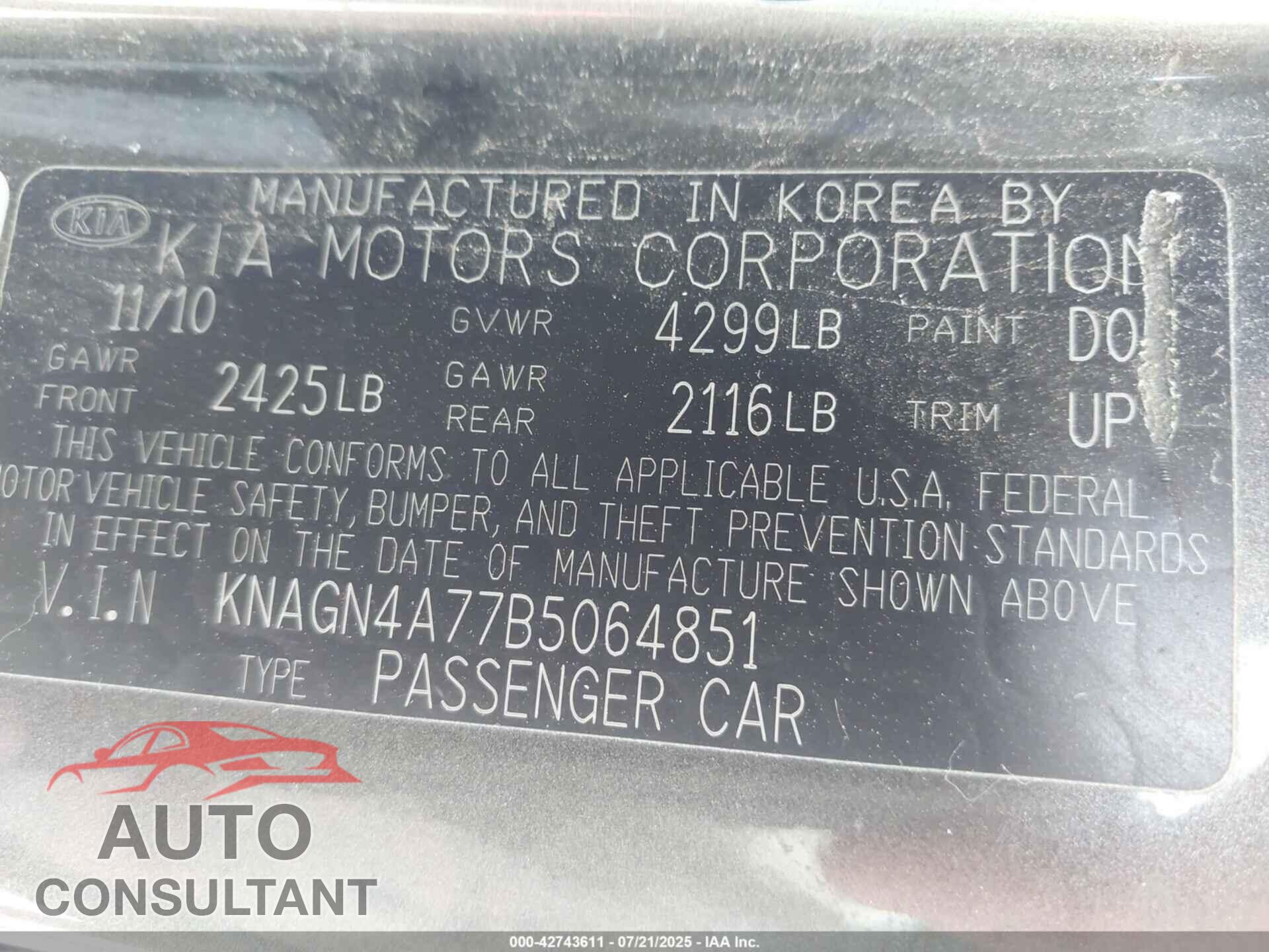 KIA OPTIMA 2011 - KNAGN4A77B5064851