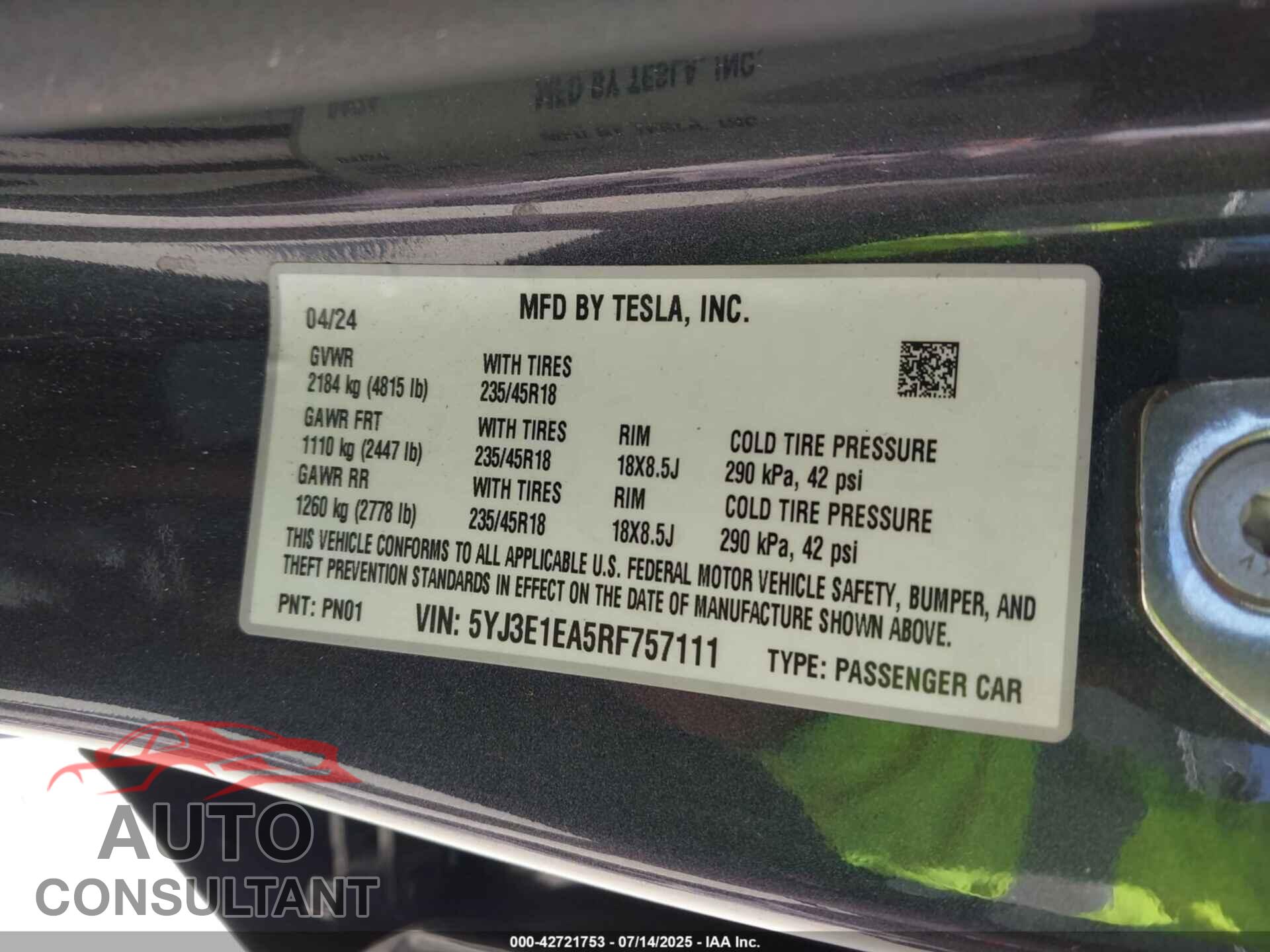 TESLA MODEL 3 2024 - 5YJ3E1EA5RF757111