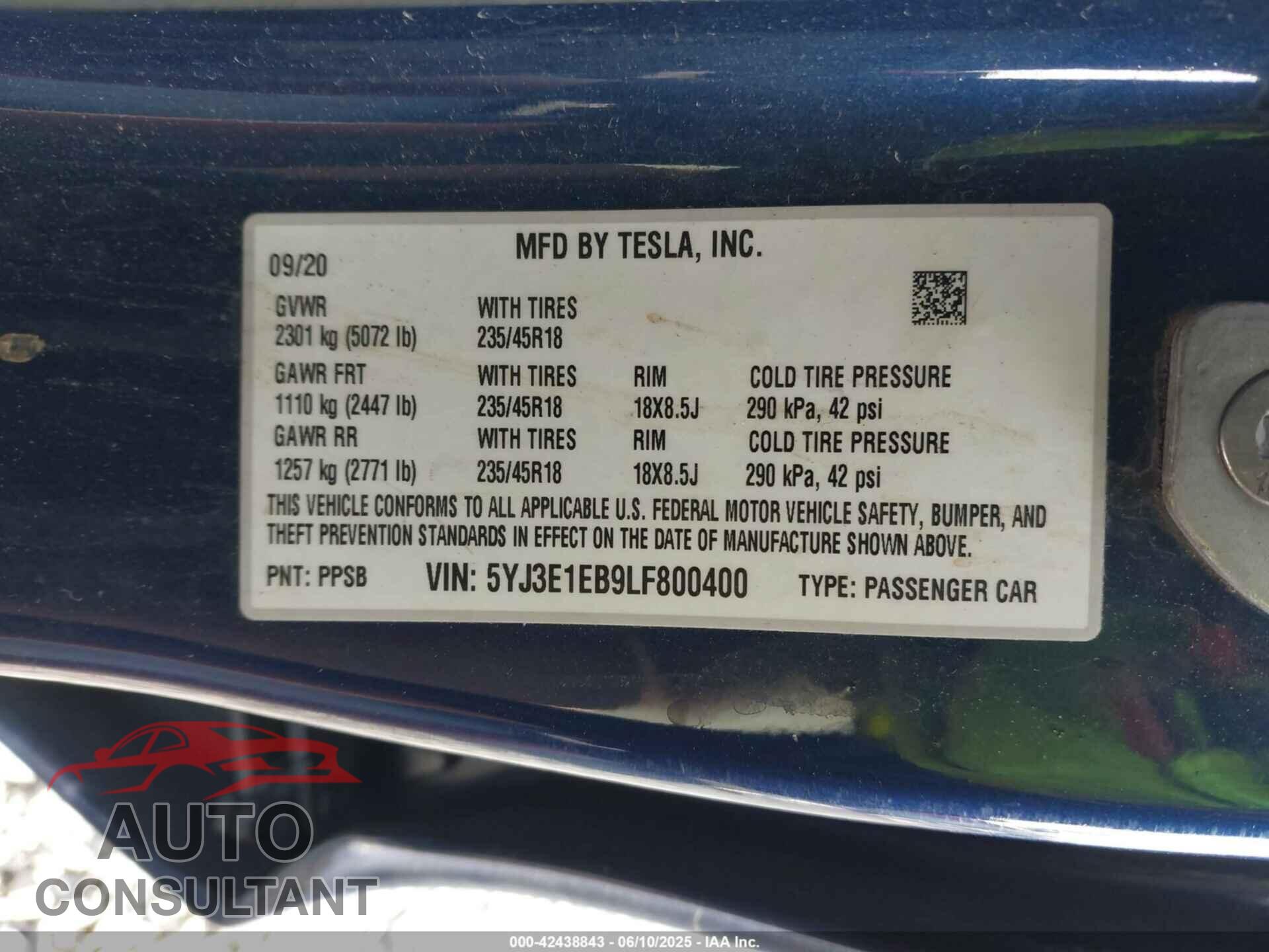 TESLA MODEL 3 2020 - 5YJ3E1EB9LF800400