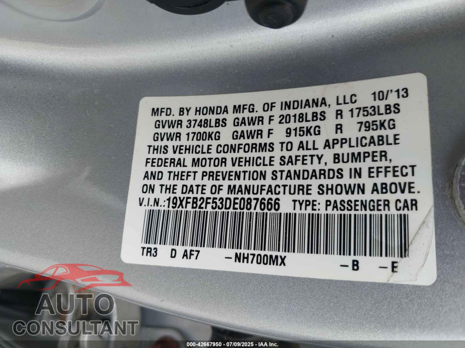 HONDA CIVIC 2013 - 19XFB2F53DE087666