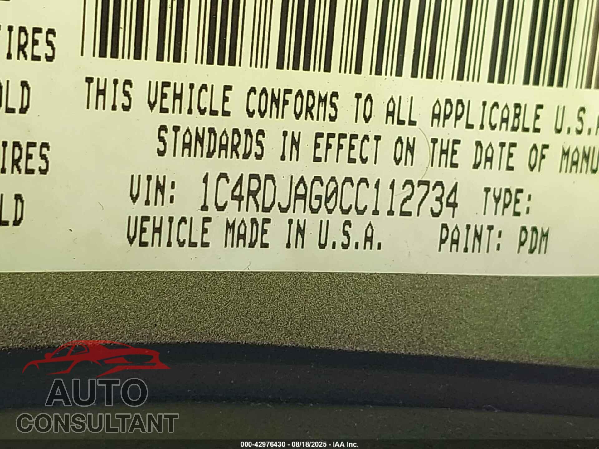 DODGE DURANGO 2012 - 1C4RDJAG0CC112734