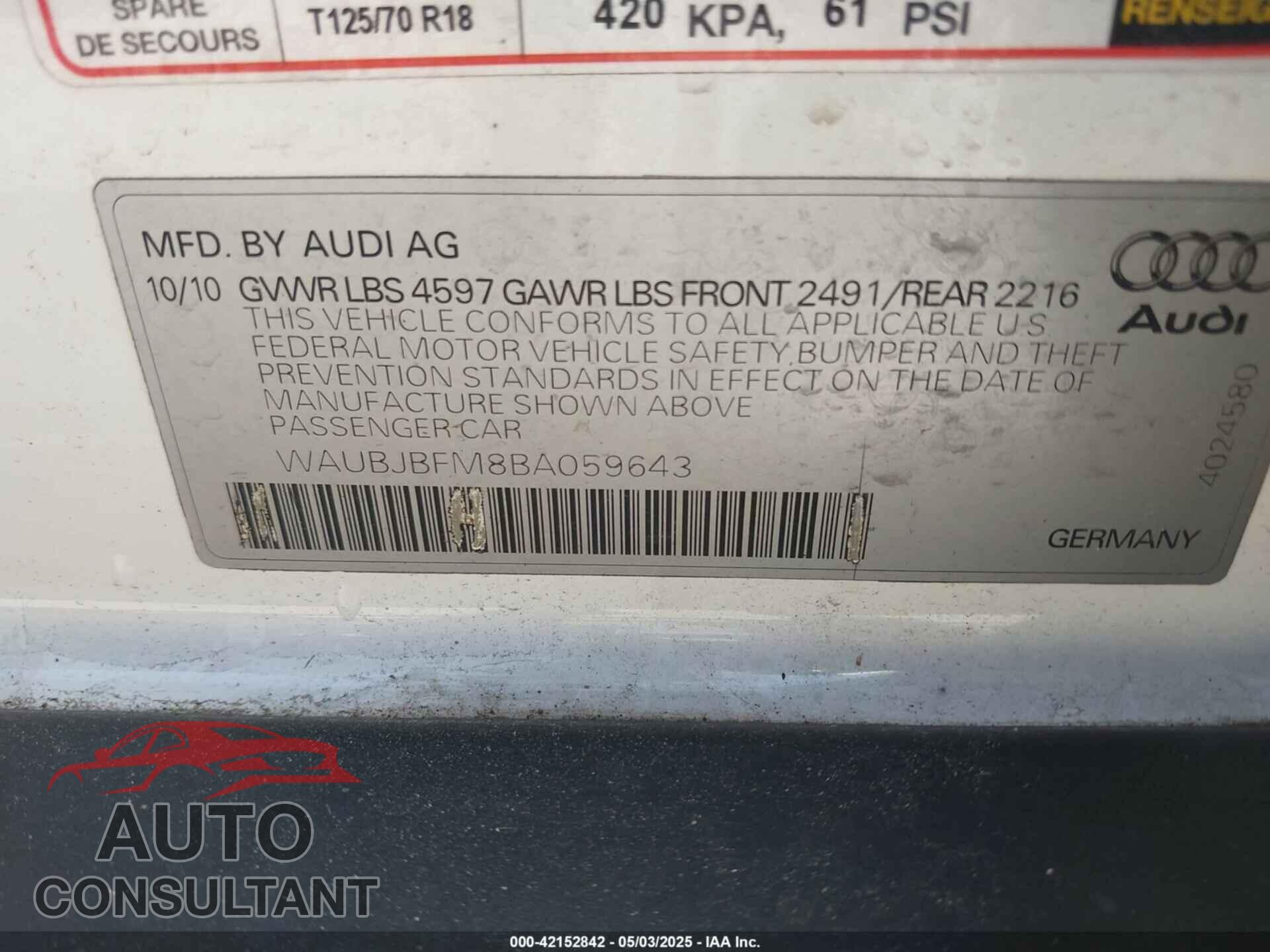 AUDI A3 2011 - WAUBJBFM8BA059643