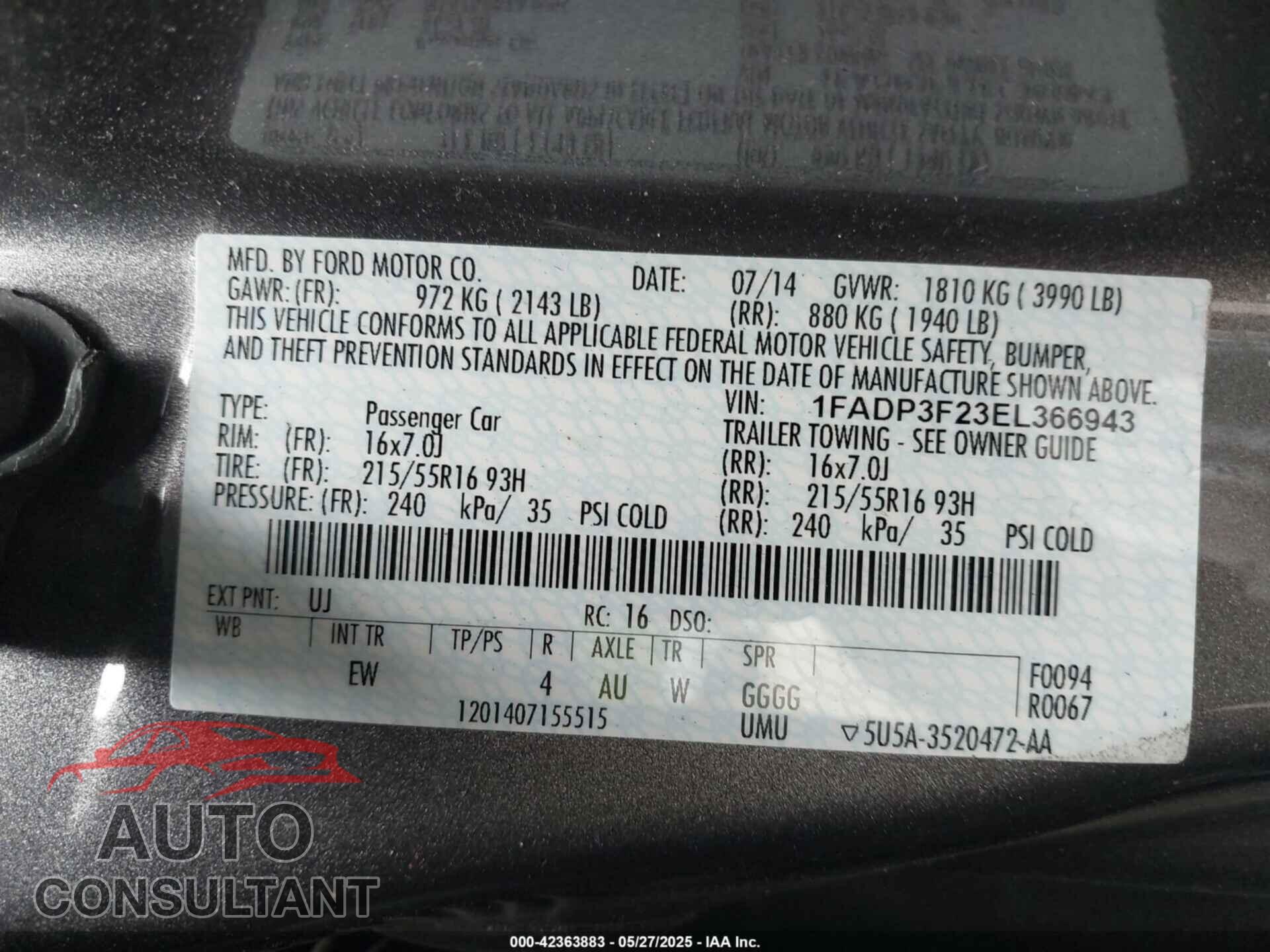 FORD FOCUS 2014 - 1FADP3F23EL366943