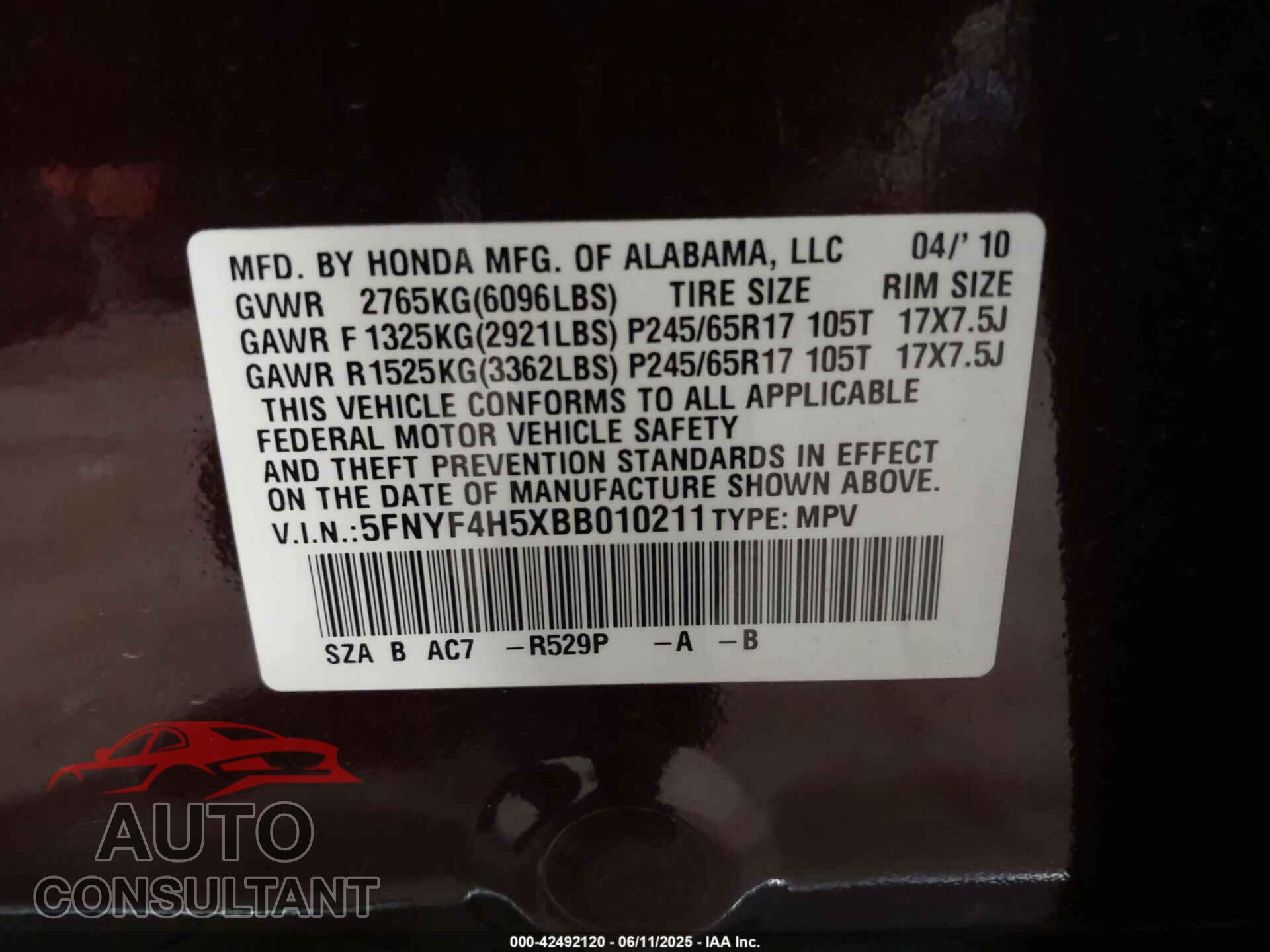 HONDA PILOT 2011 - 5FNYF4H5XBB010211