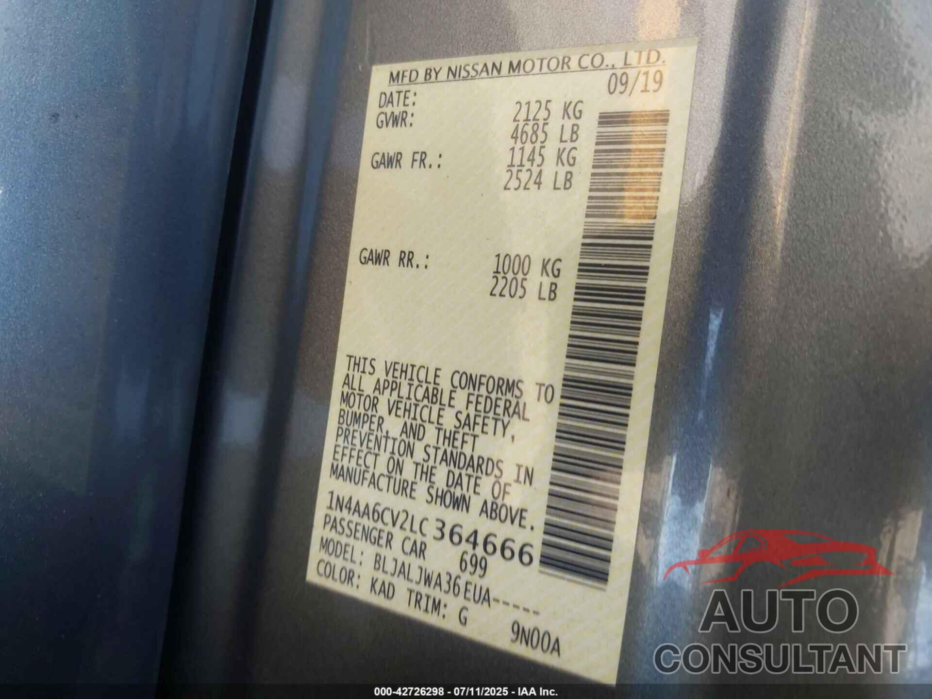 NISSAN MAXIMA 2020 - 1N4AA6CV2LC364666