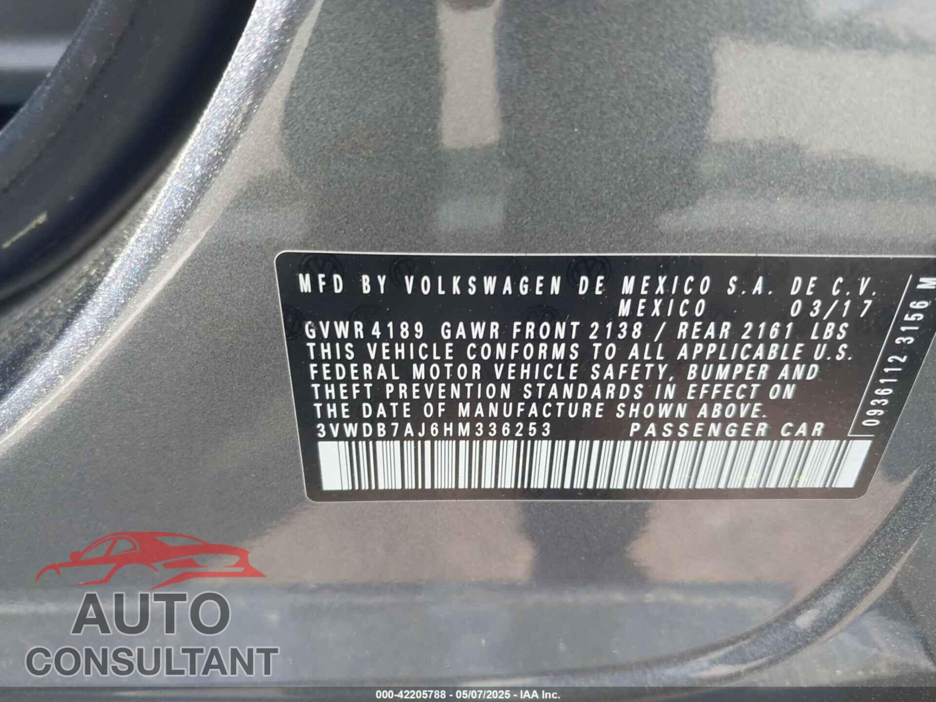 VOLKSWAGEN JETTA 2017 - 3VWDB7AJ6HM336253