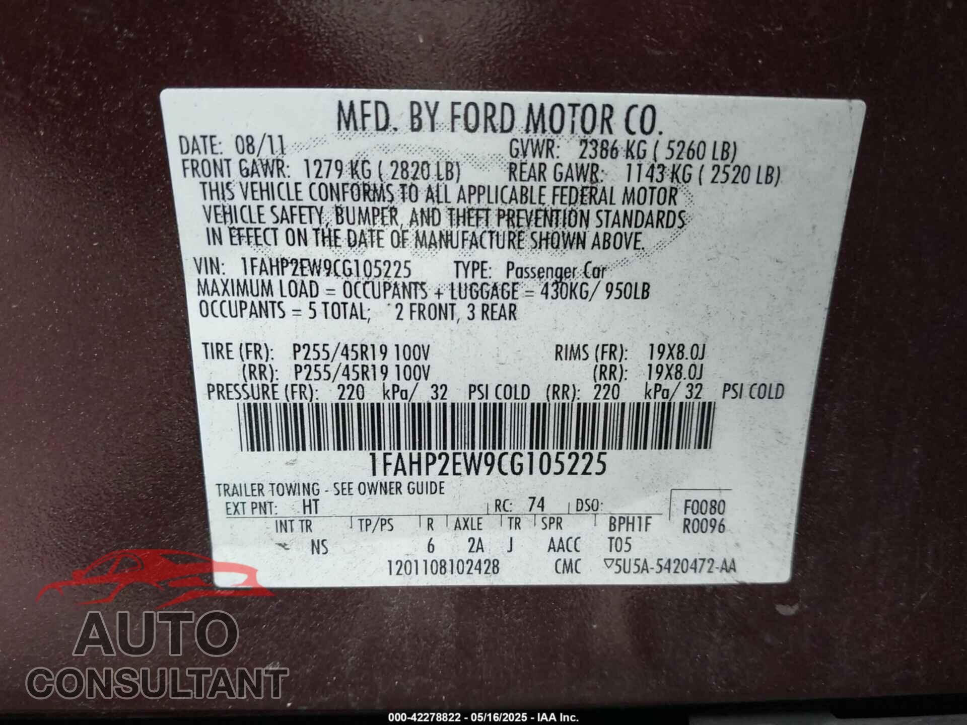 FORD TAURUS 2012 - 1FAHP2EW9CG105225