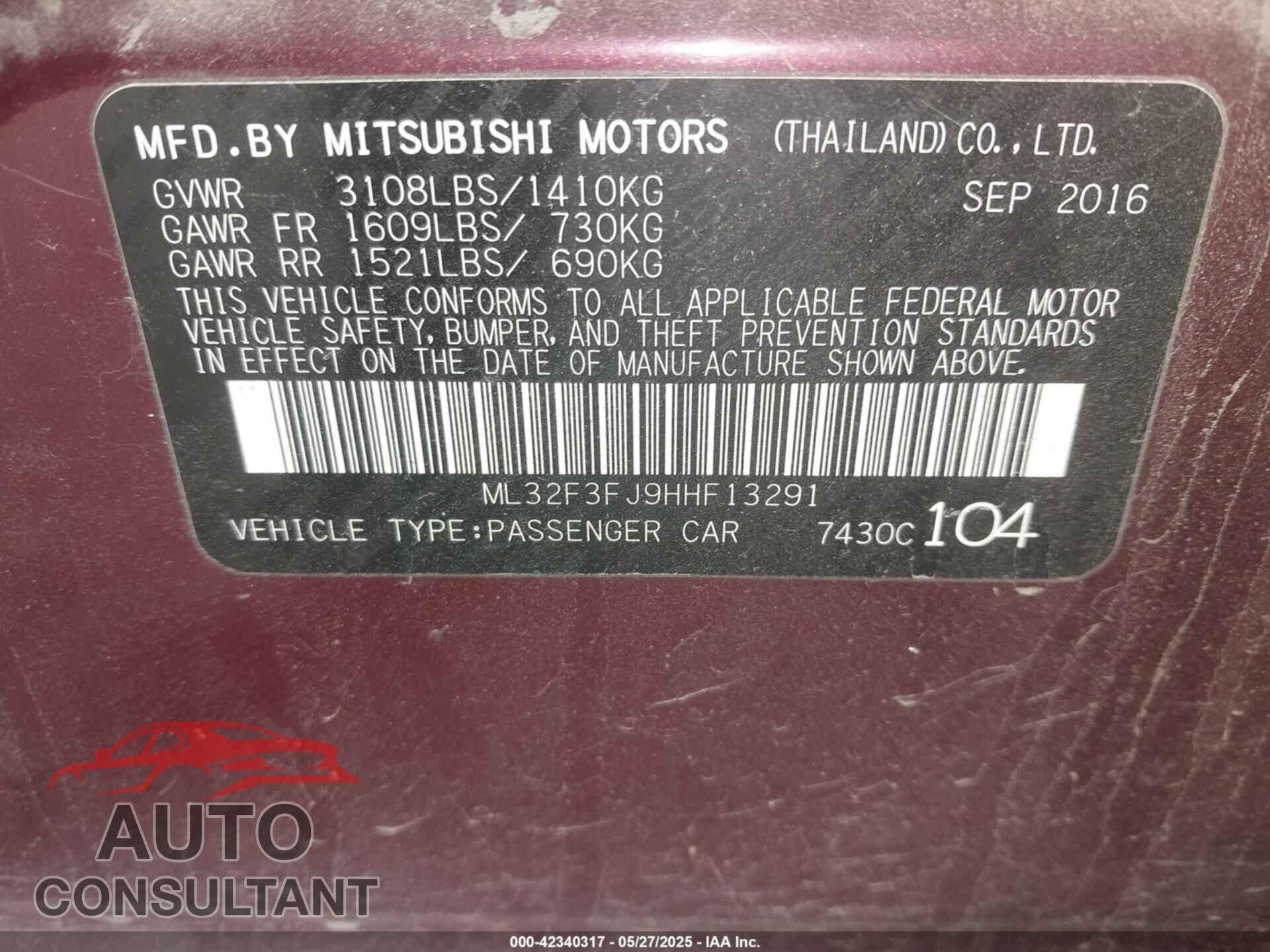 MITSUBISHI MIRAGE G4 2017 - ML32F3FJ9HHF13291