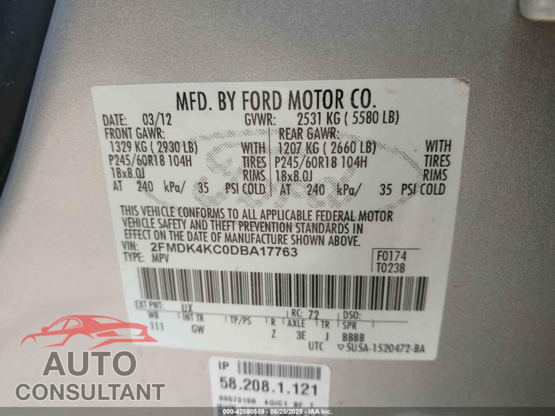 FORD EDGE 2013 - 2FMDK4KC0DBA17763