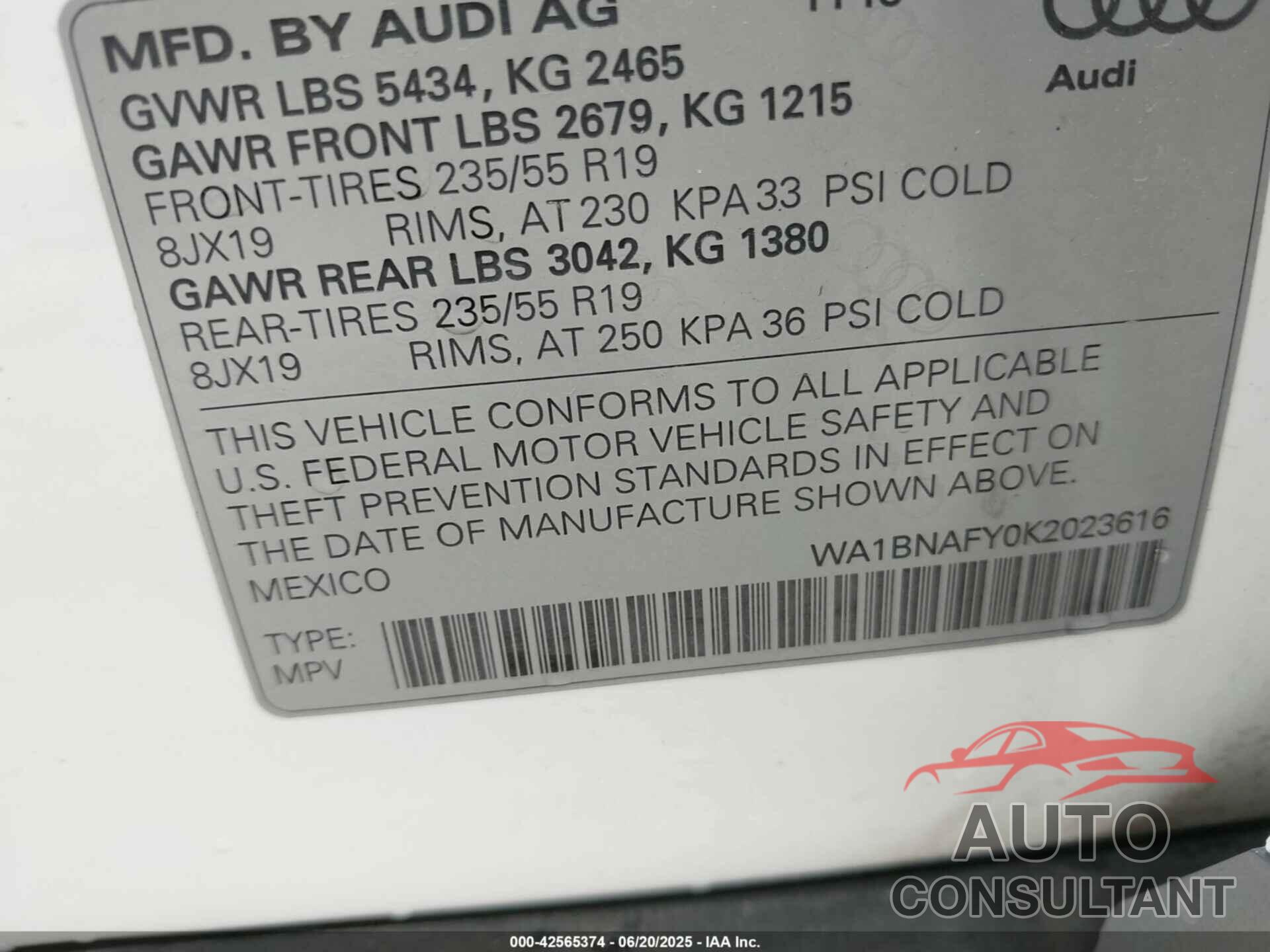 AUDI Q5 2019 - WA1BNAFY0K2023616
