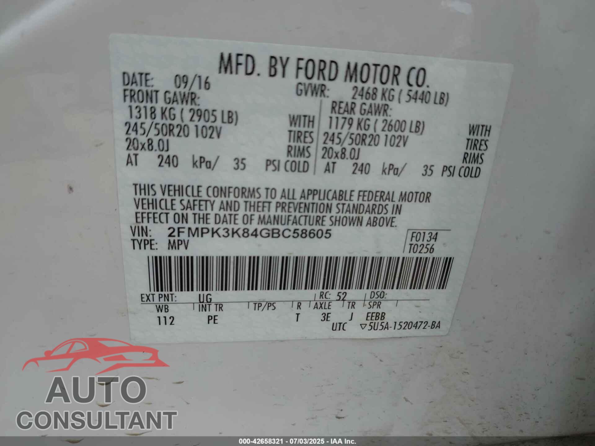 FORD EDGE 2016 - 2FMPK3K84GBC58605