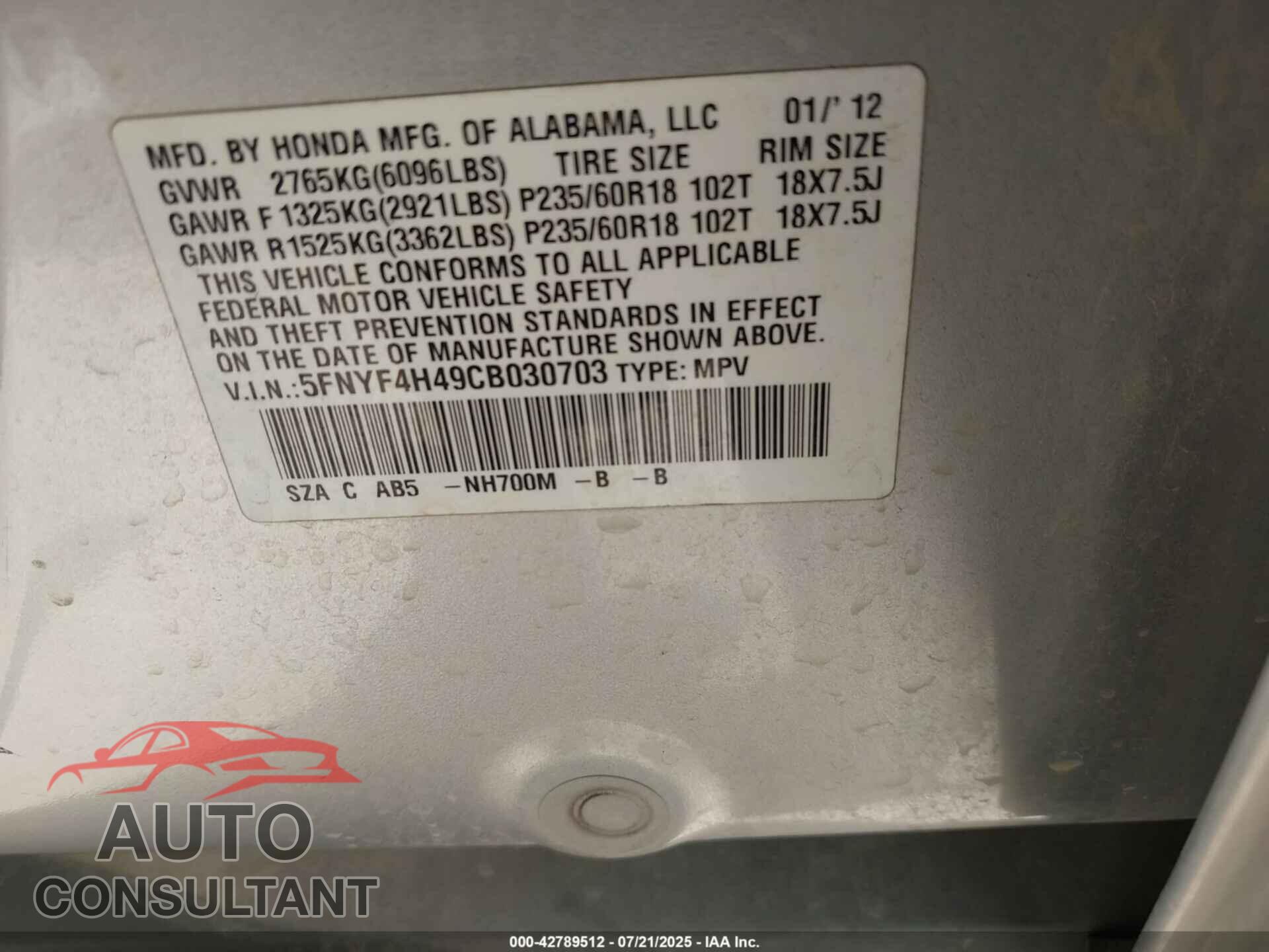 HONDA PILOT 2012 - 5FNYF4H49CB030703