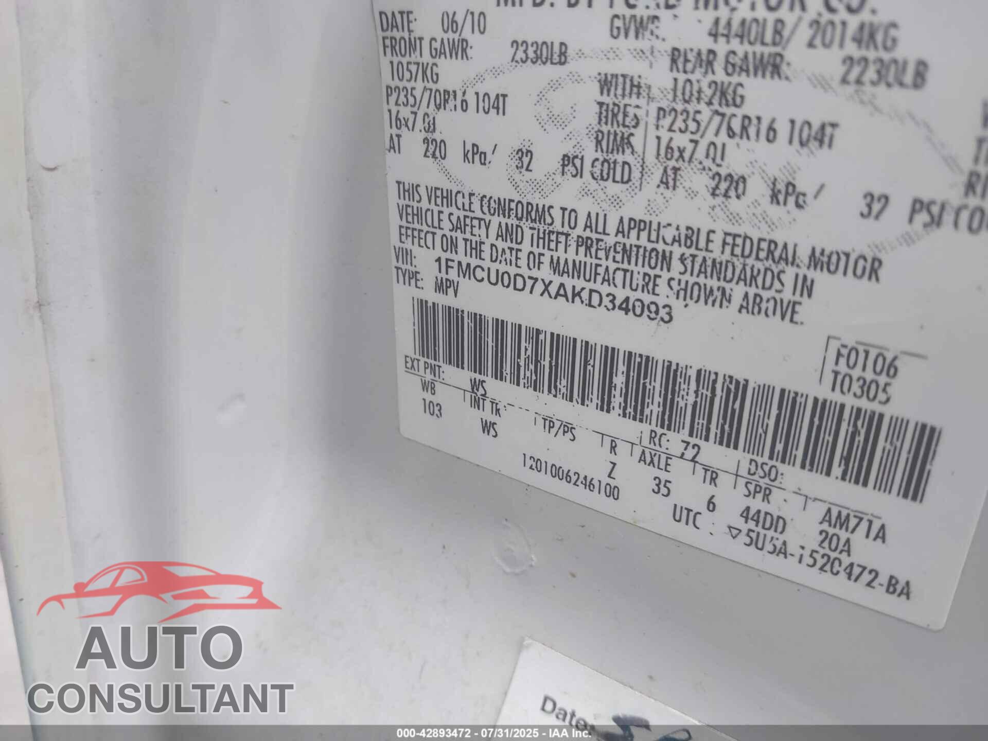FORD ESCAPE 2010 - 1FMCU0D7XAKD34093