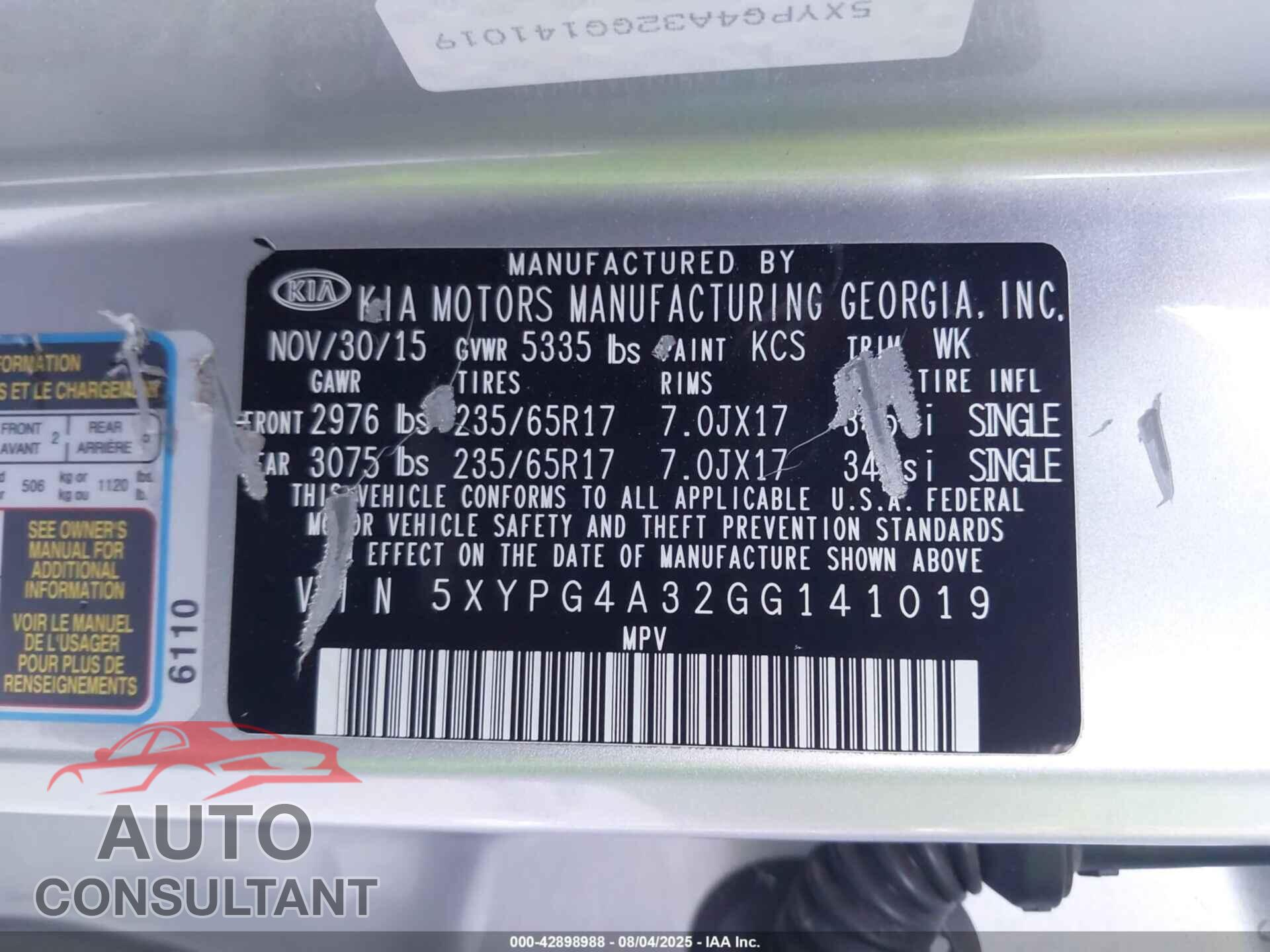 KIA SORENTO 2016 - 5XYPG4A32GG141019