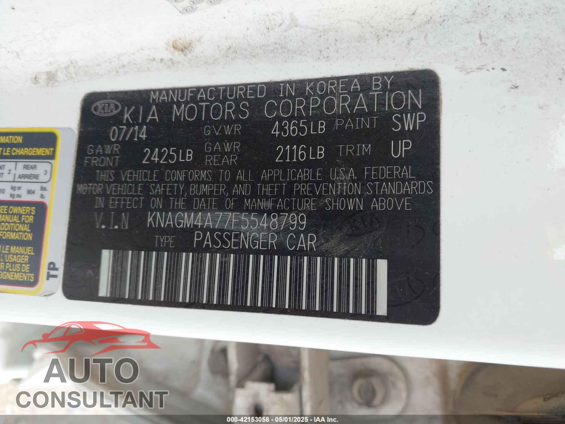 KIA OPTIMA 2015 - KNAGM4A77F5548799